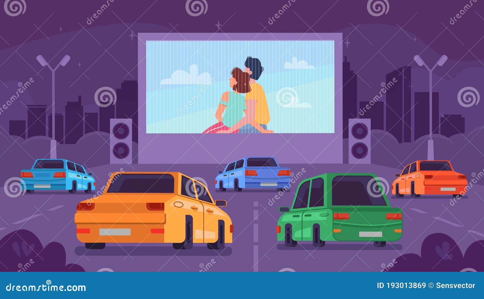 Car Cinema, Drive Movie Theater, Couple on Screen Stock Vector -  Illustration of dark, screen: 193013869