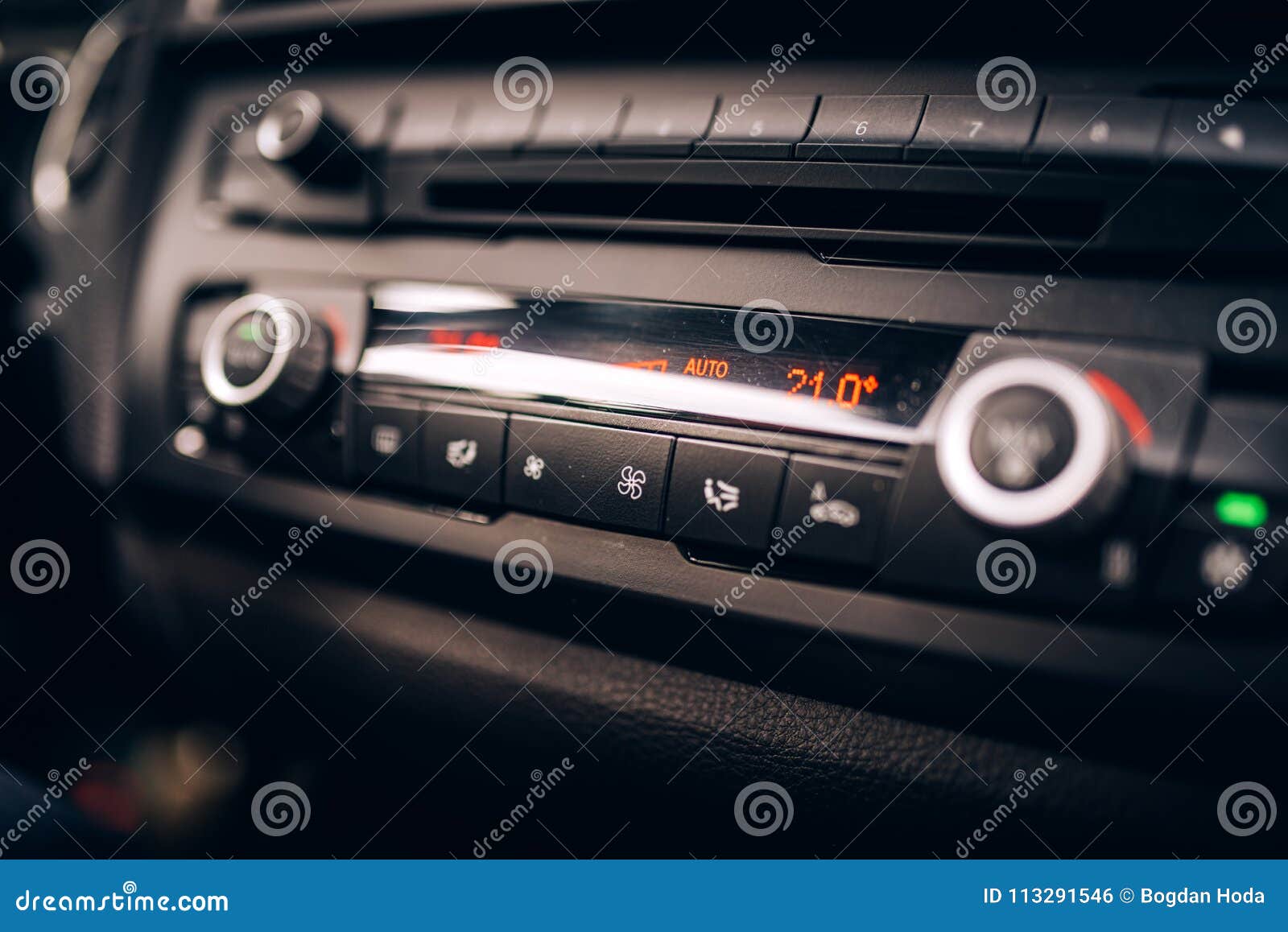 car clima controls, radio dashboard and cockpit close up