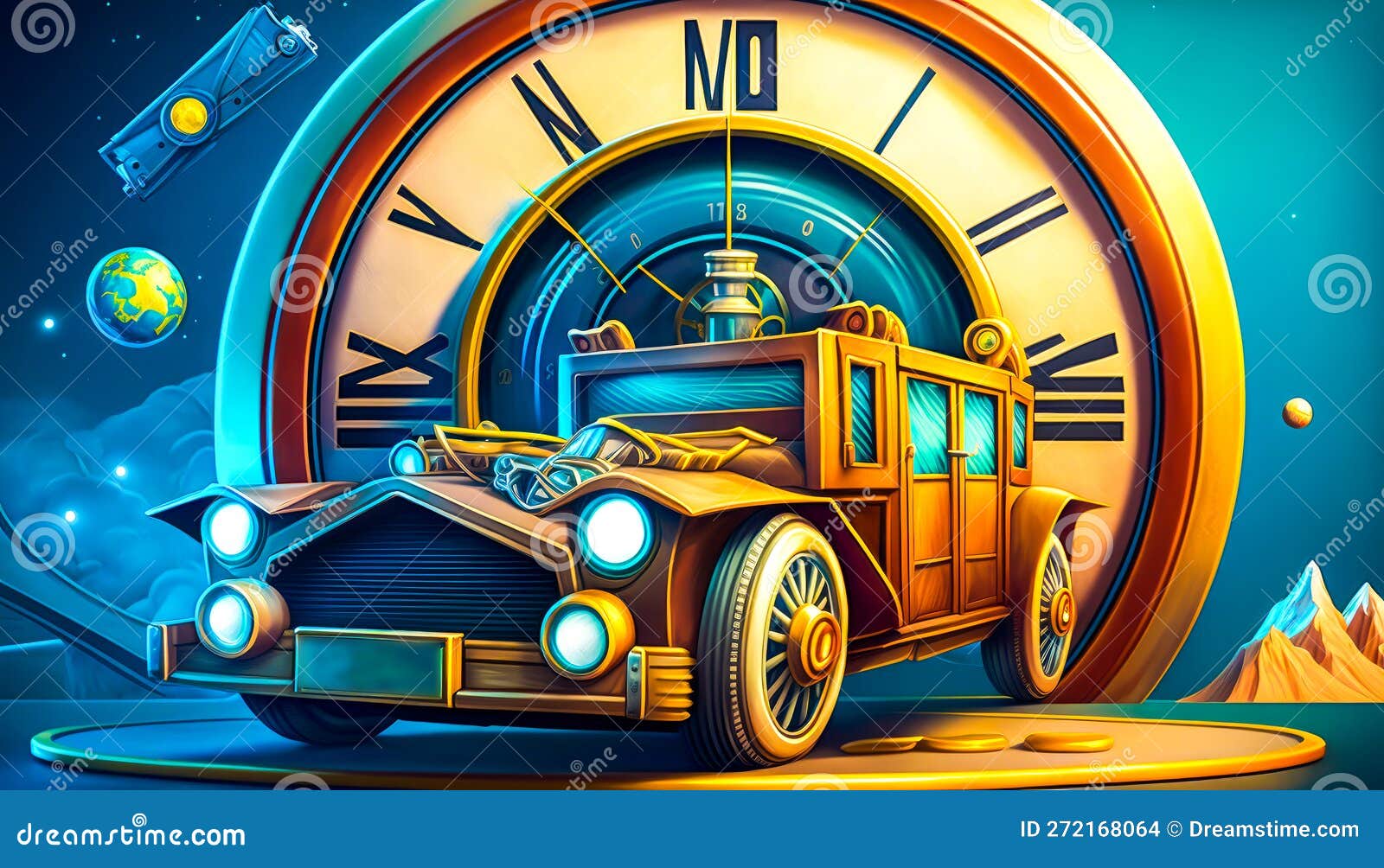 Car with Clock on it in Front of Large Clock. Generative AI Stock Photo