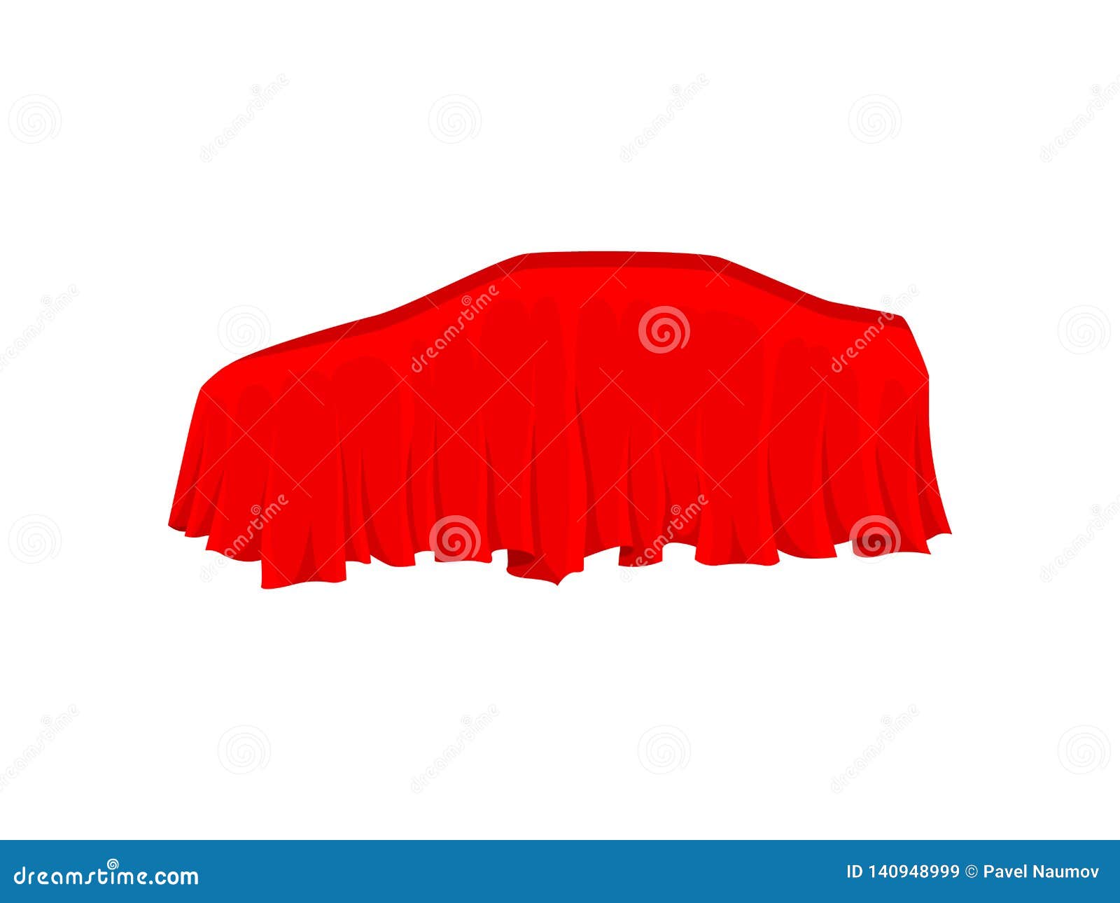 car covered with bright red silk cloth. presentation of automobile. textile material. flat  