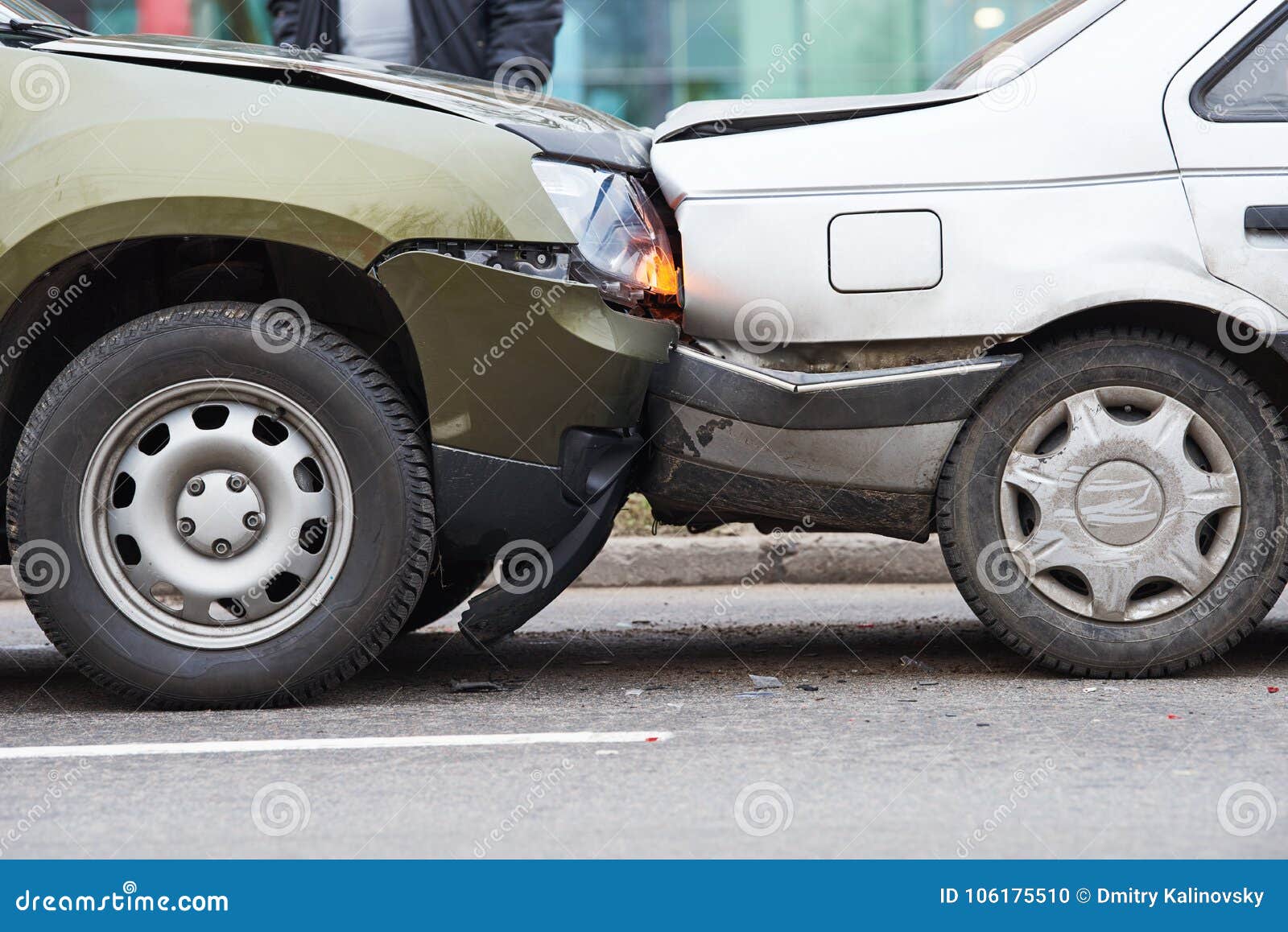 car crash accident on street, damaged automobiles after collision in city