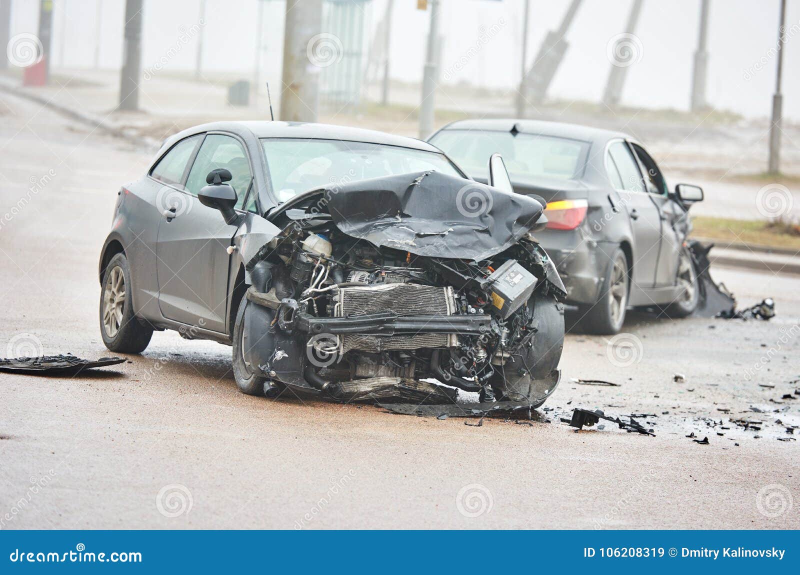 car crash accident on street, damaged automobiles after collision in city