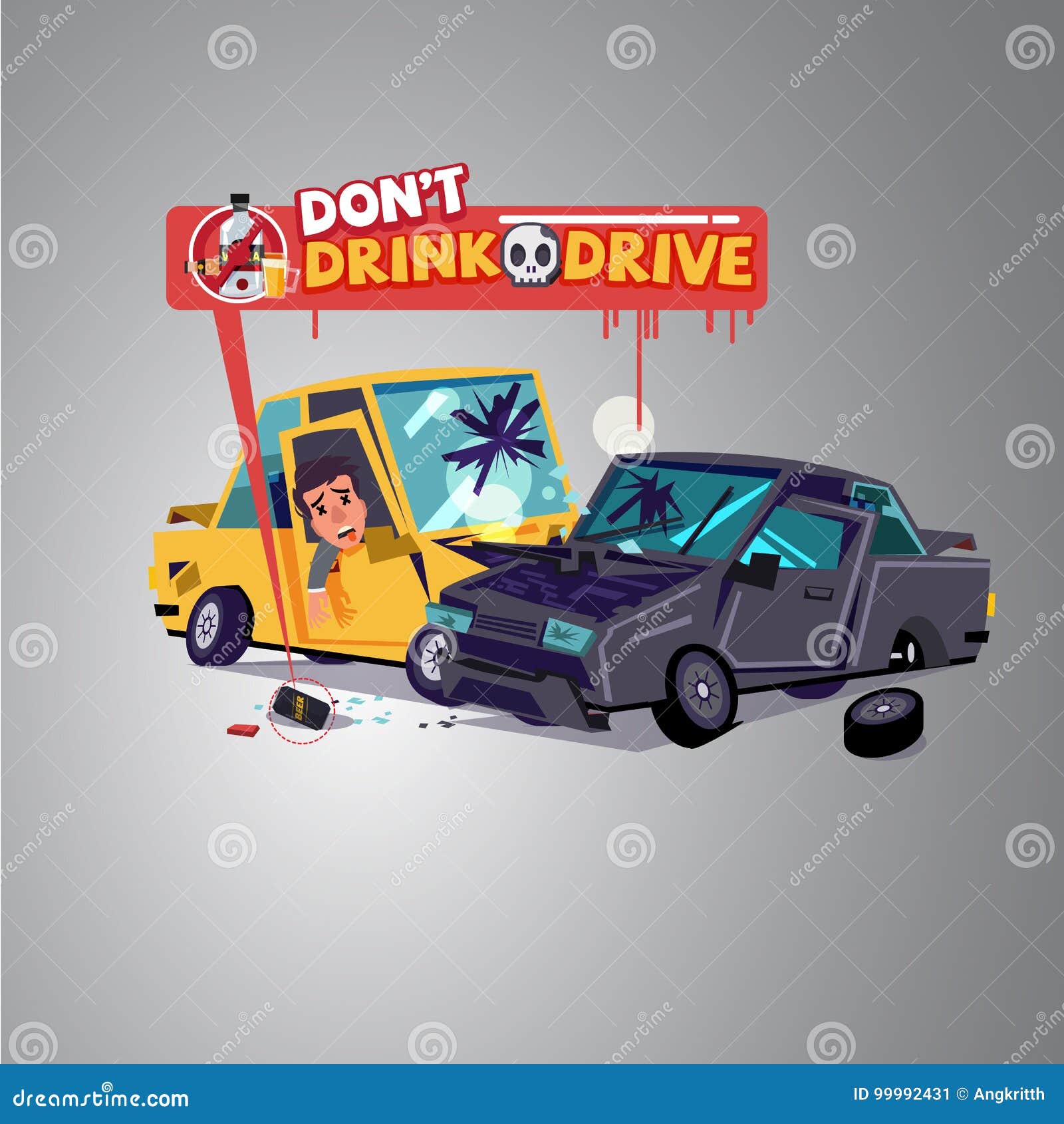 Car Crash with Alcohol Can. Don`t Drink and Drive Concept Vec Stock