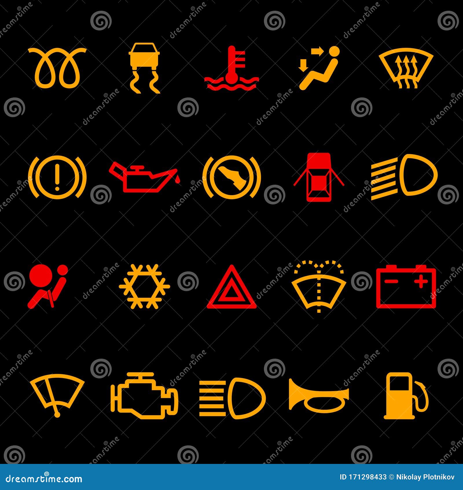 Car Dashboard Icons Set Isolated on Black Background. Icon Pack Car  Information Pictograms. Vector Illustration Stock Vector - Illustration of  engine, conditioner: 171298433
