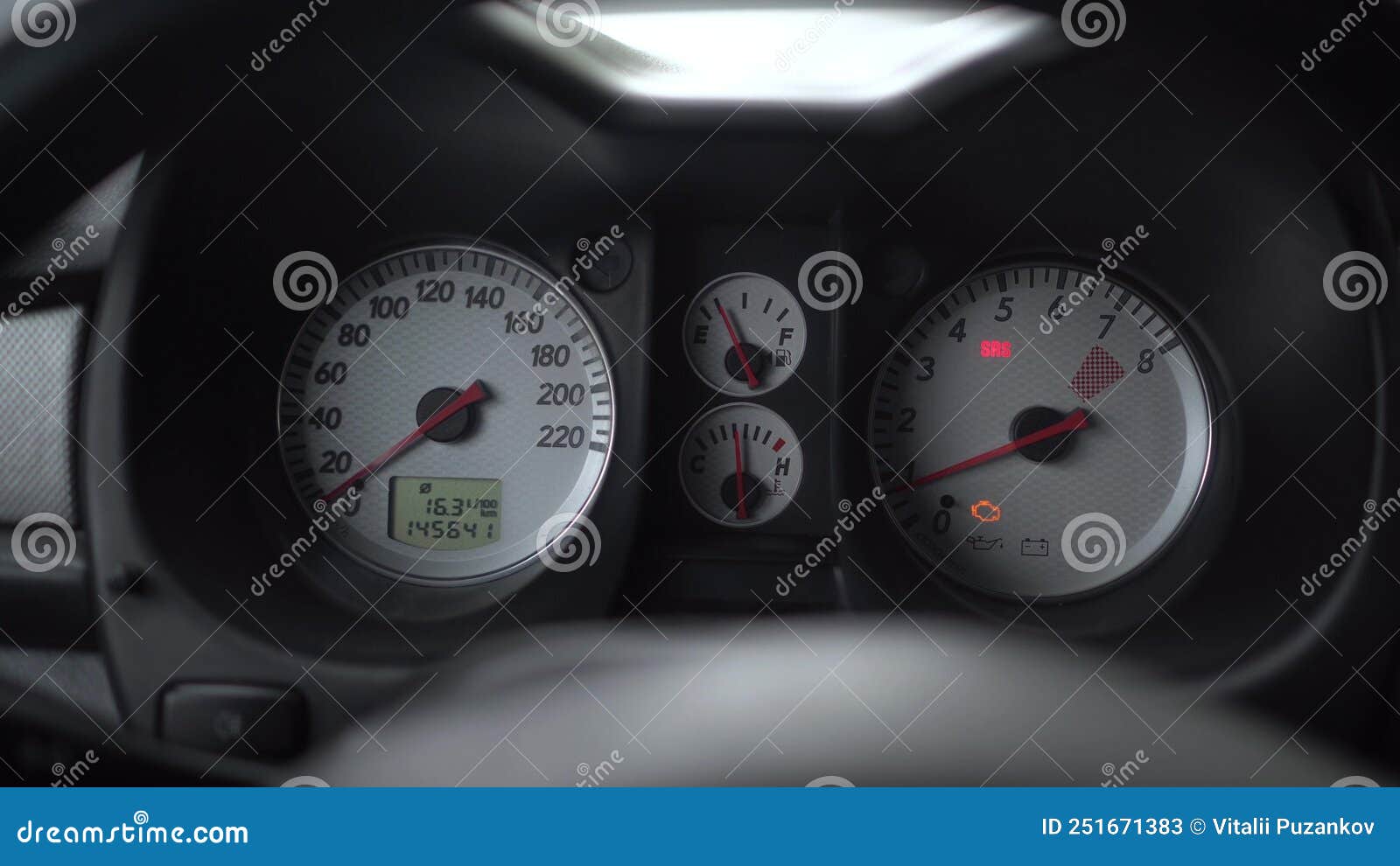 Car Dashboard with Indicators and Gauges. Error Check Engine and Srs