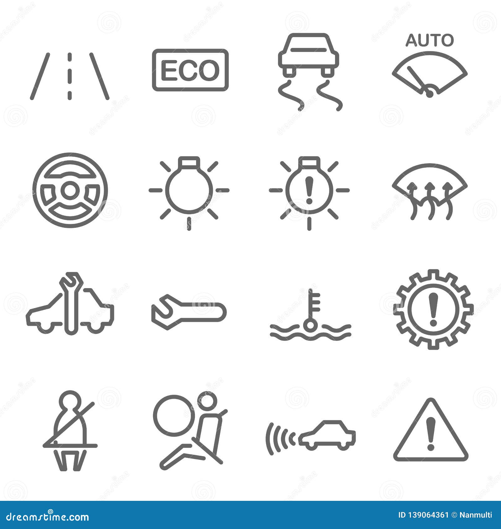 car dashboard  line icon set. contains such icons as seatbelt, steering wheel, gear, eco, electronic stability programme and