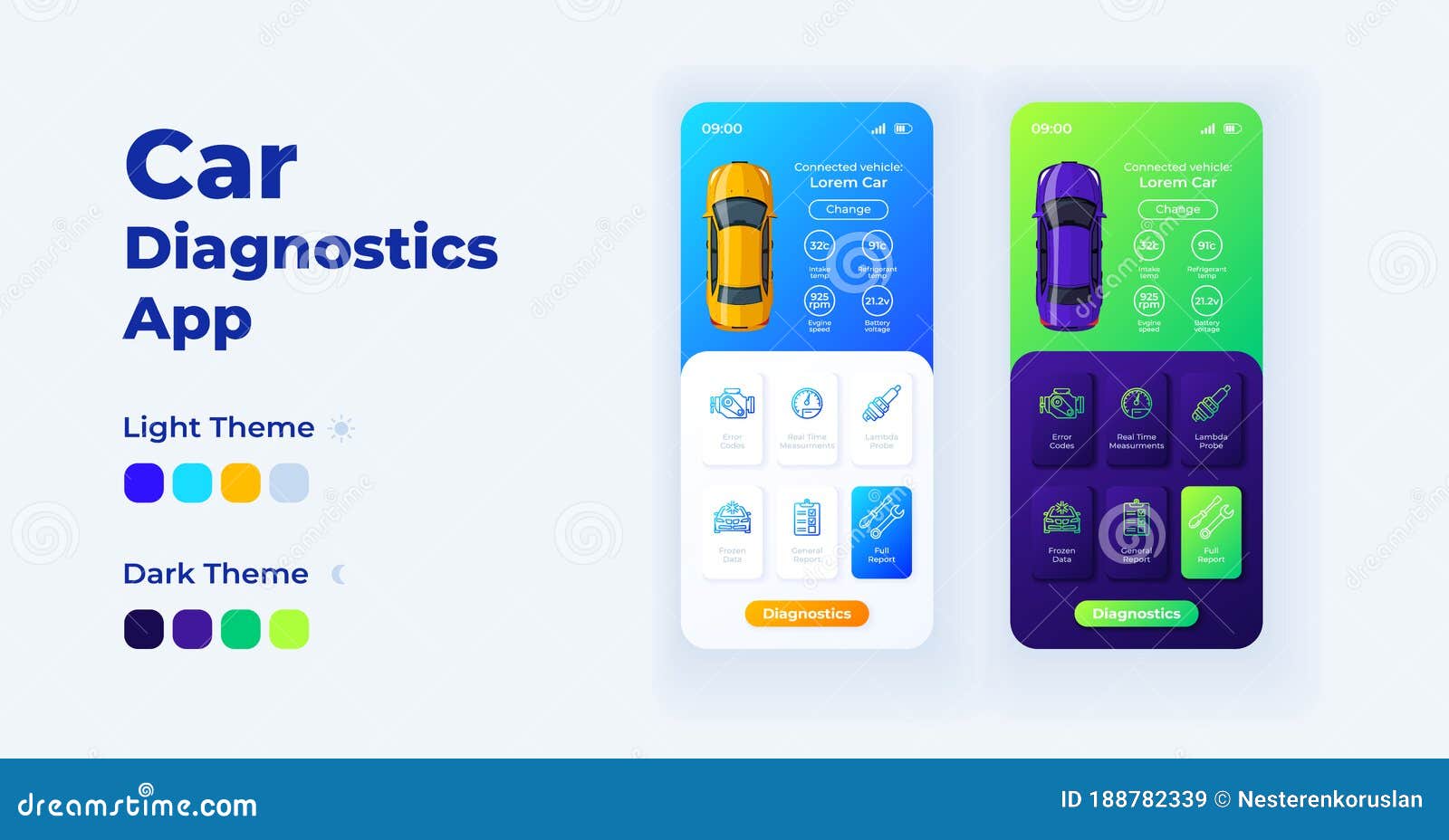 Car Diagnostics App Cartoon Smartphone Interface Vector Templates Set