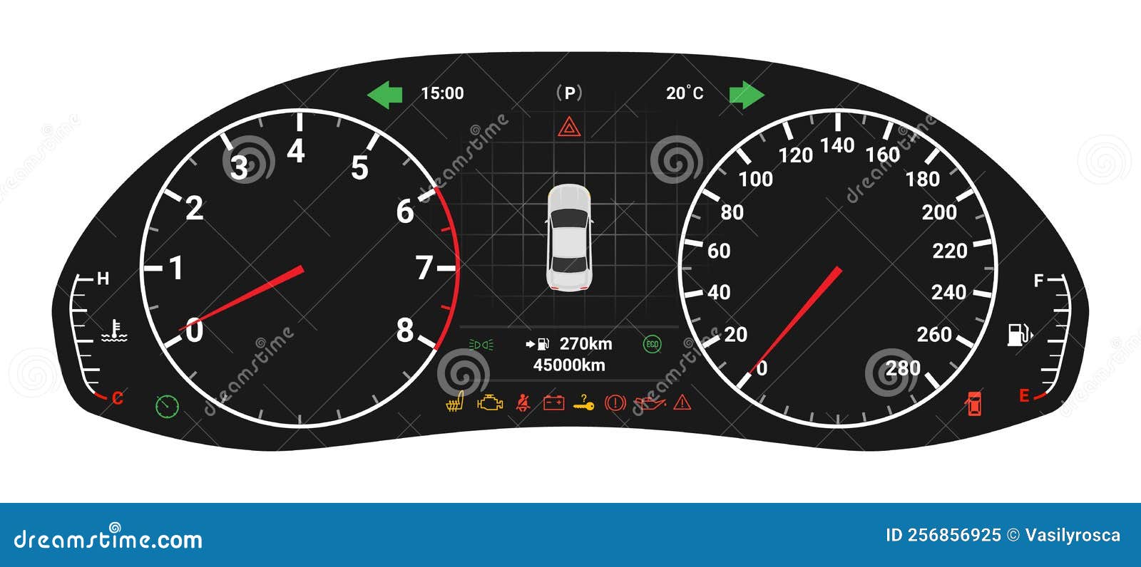 Car Digital Dashboard Speedometer Display Fuel Panel. Car Cluster Dashboard Panel Vector Design