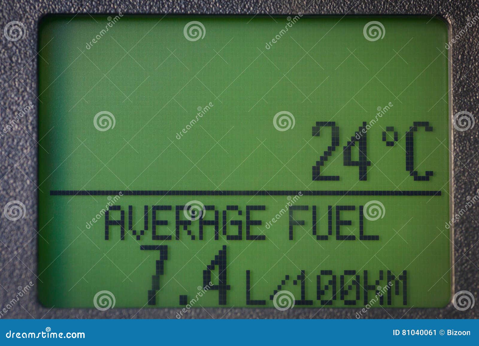 Car Display with Average Fuel Consumption and Temperature Stock Image