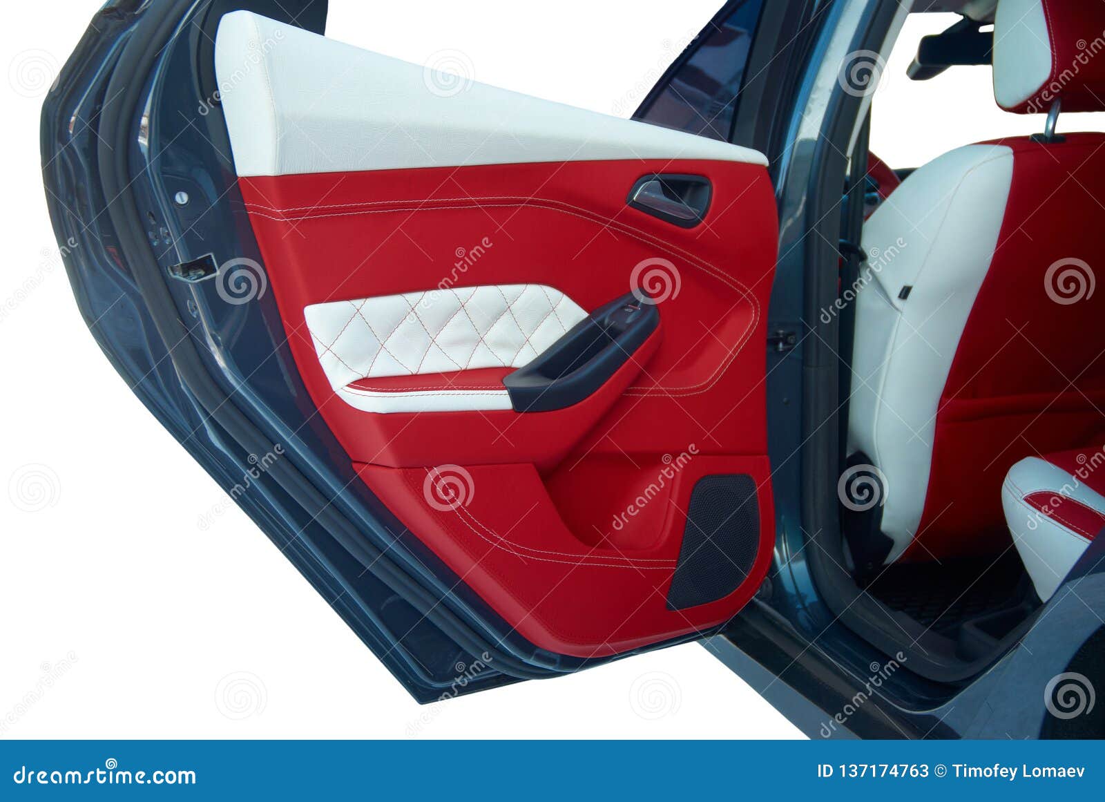 Car Doors. Car Interior Details. White Red Leather with Stitching Stock
