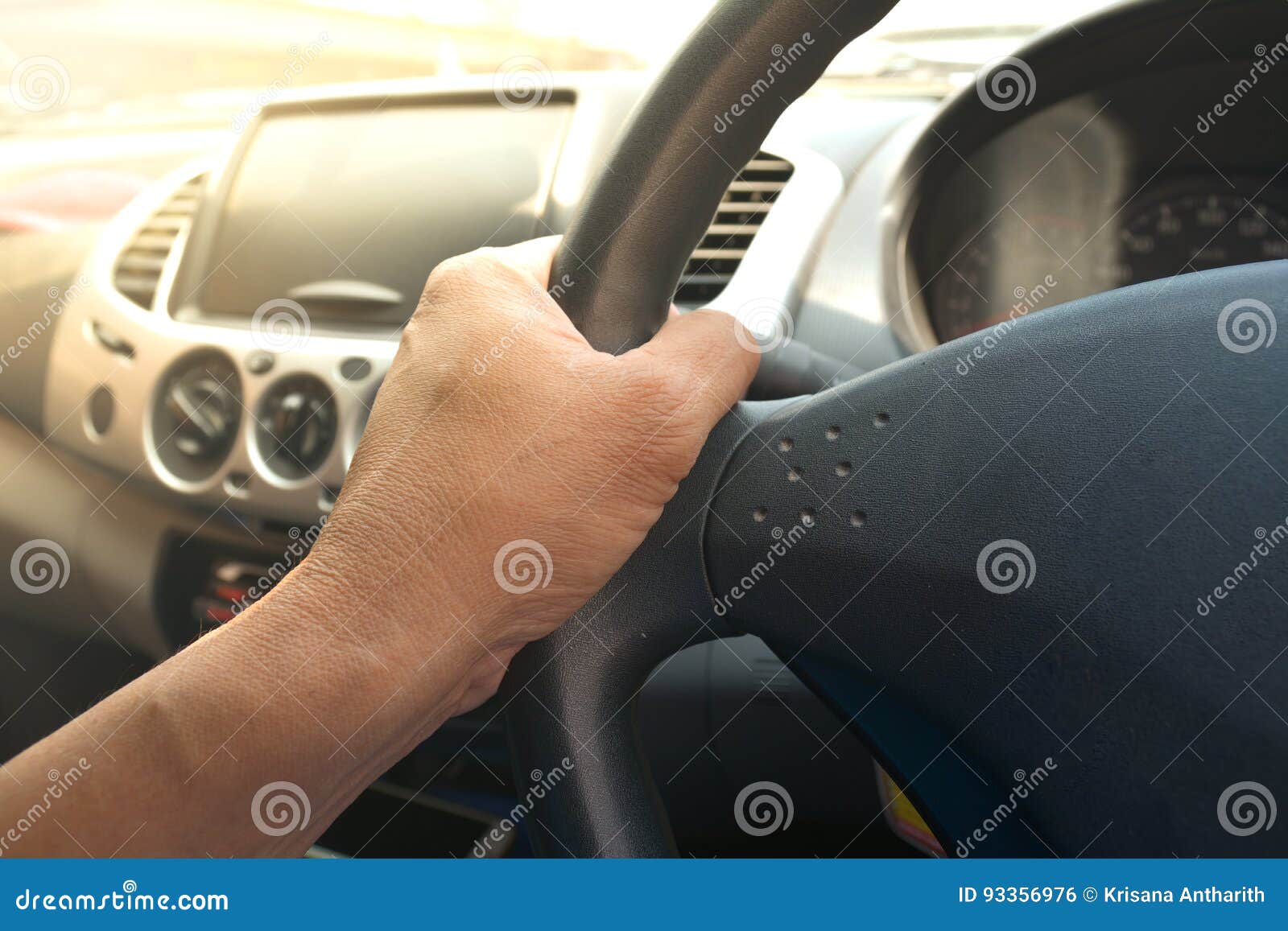 Car Driver Keeps Driving Wheel One Hands. Stock Photo Image of auto