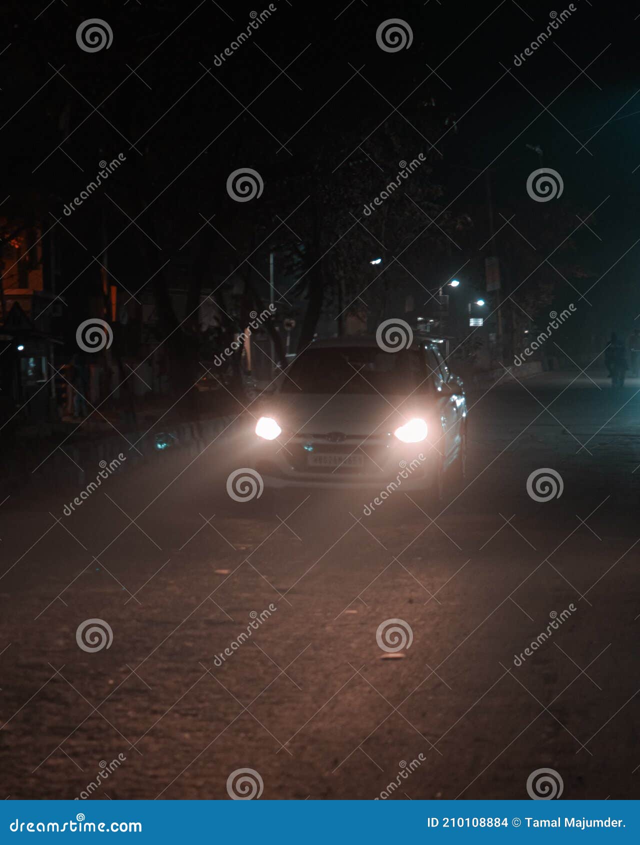 Car Driving in Fog . Headlight through Fog . Night Shot. Driving Car