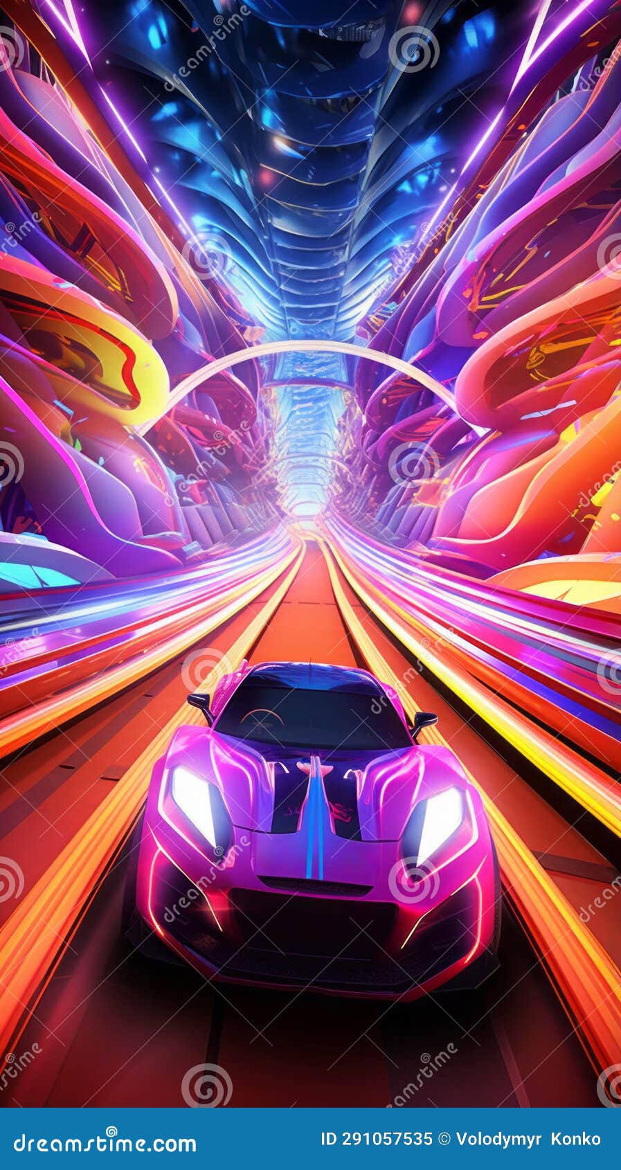 A Car Driving through a Tunnel with Vibrant Neon Lights Stock Image