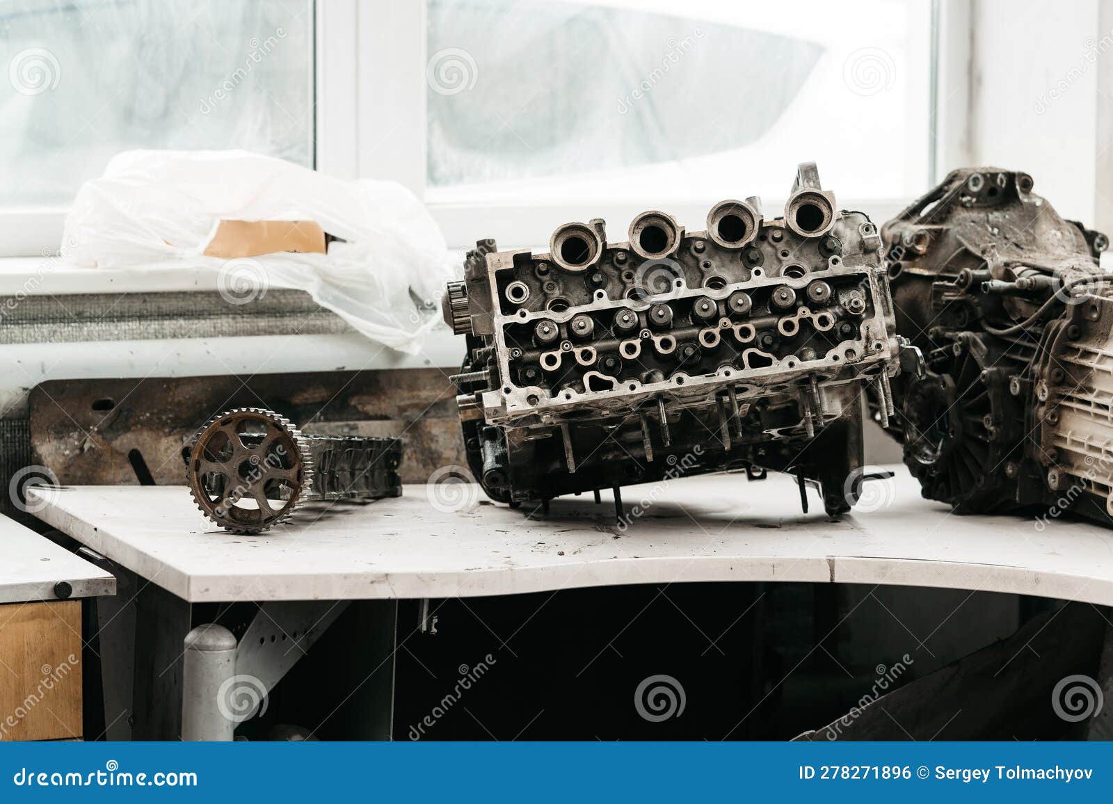 Car Engine Parts on the Table in Car Service Stock Photo Image of