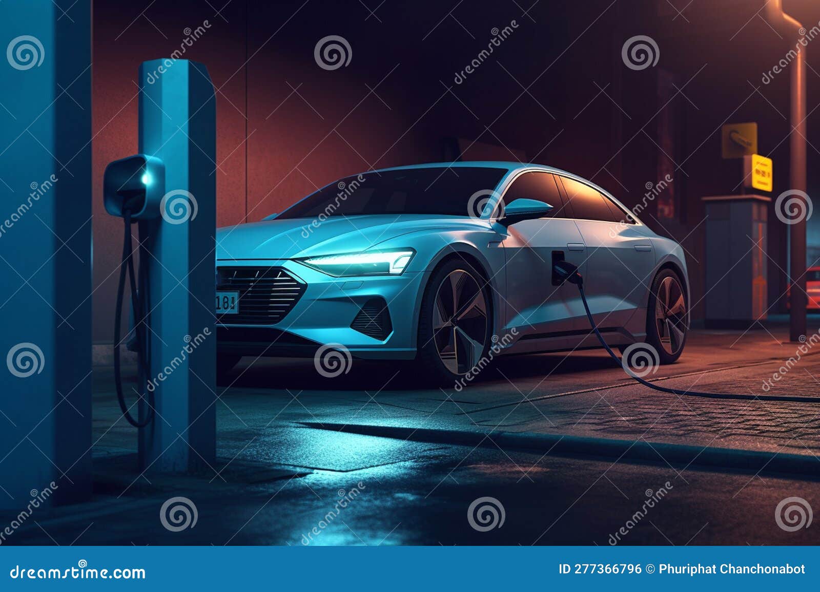 A Car with an Ev Charger Outside a Garage with Generative AI Stock