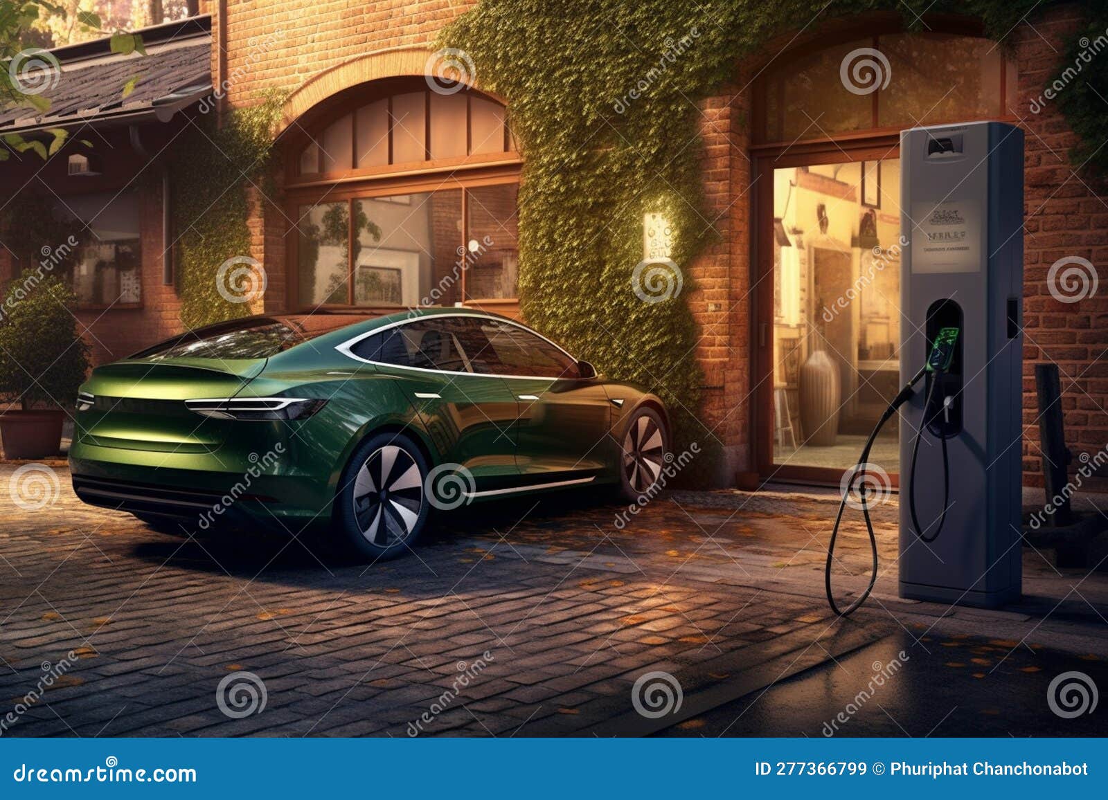 A Car with an Ev Charger Outside a Garage with Generative AI Stock