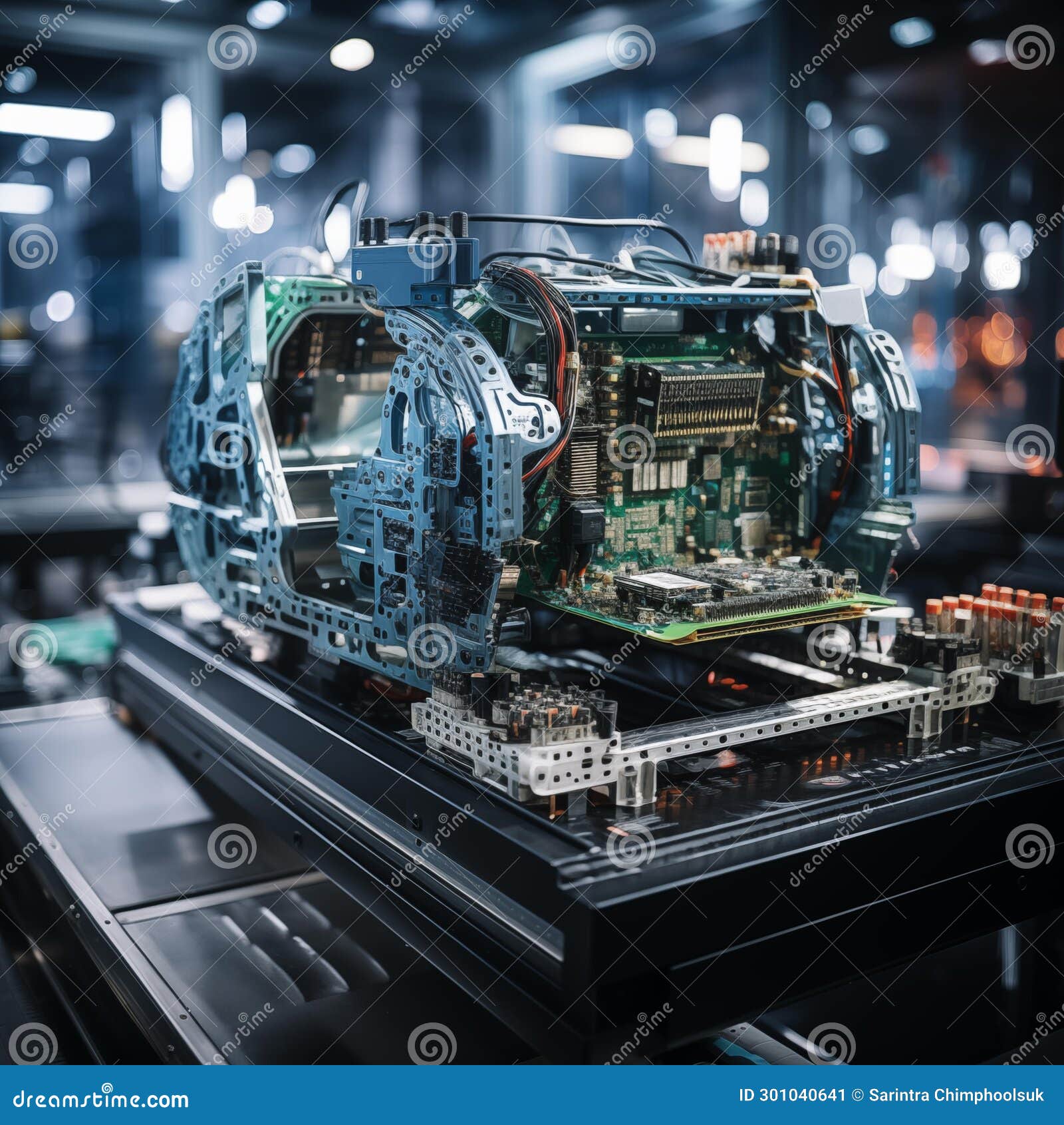 car factory 3d ai render: automated robot arm assembly line manufacturing
