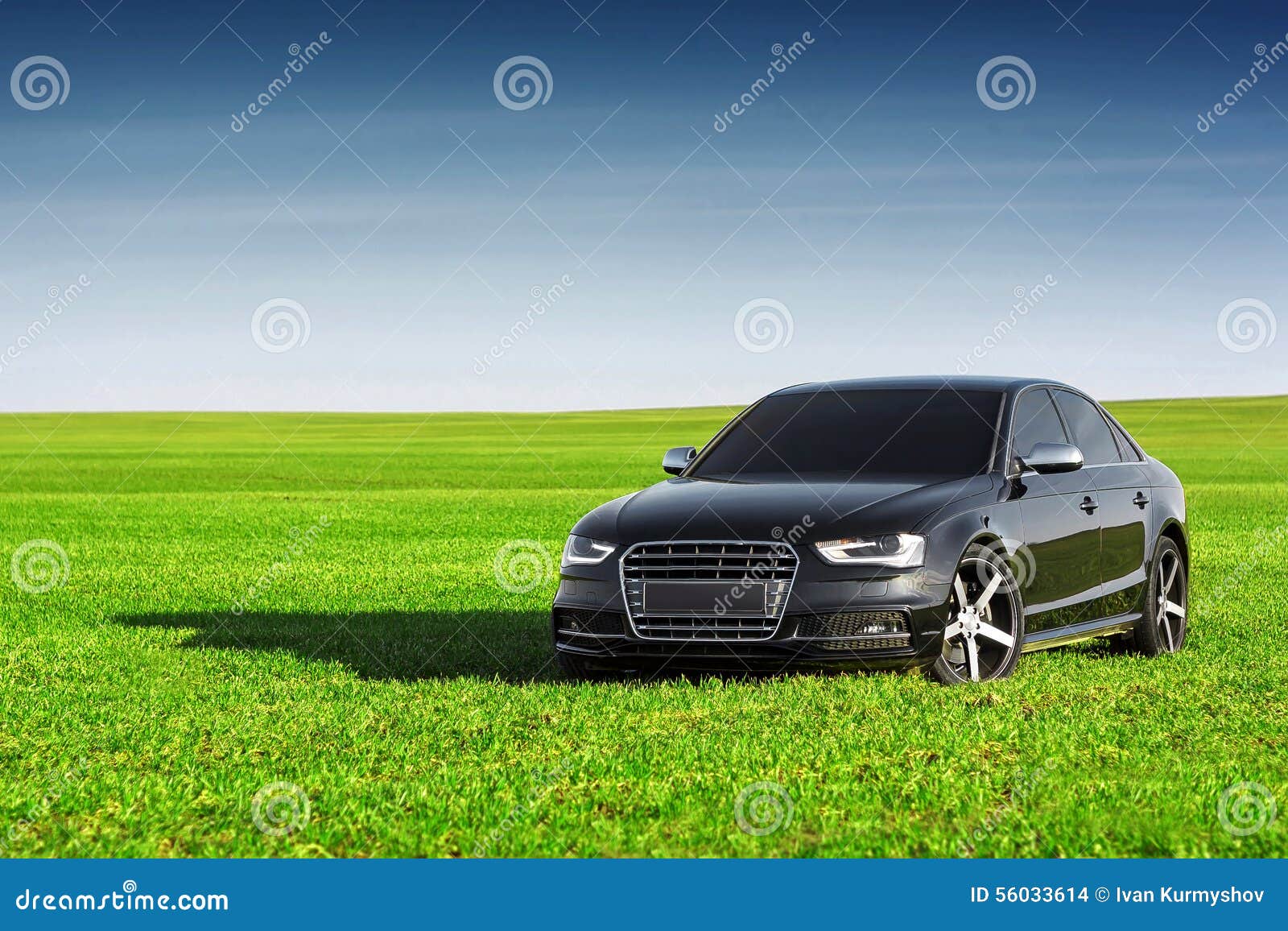 Car on the Green Grass at Blue Cloudy Sky Summertime Audi Stock Photo