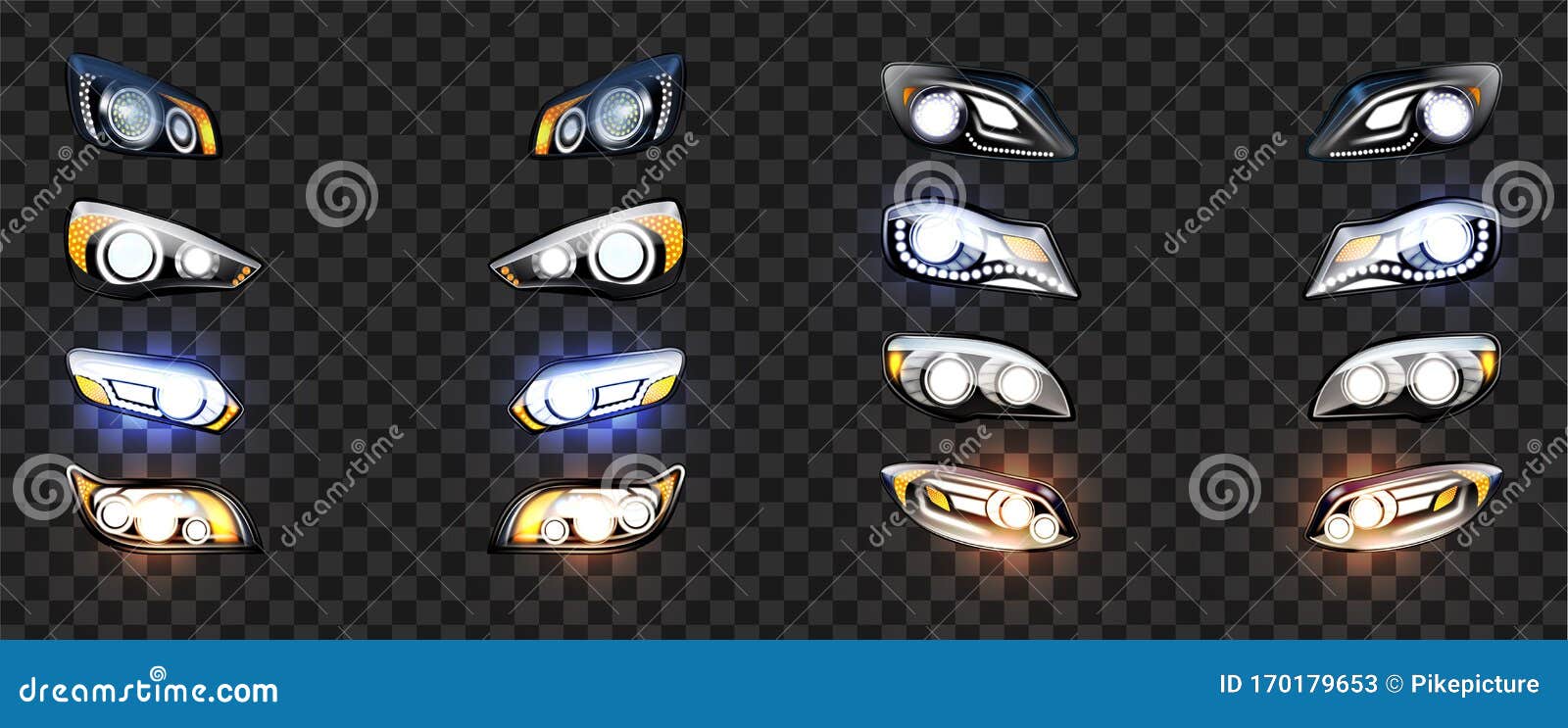 Car Headlight with Glowing Light Effect Set Vector Stock Vector