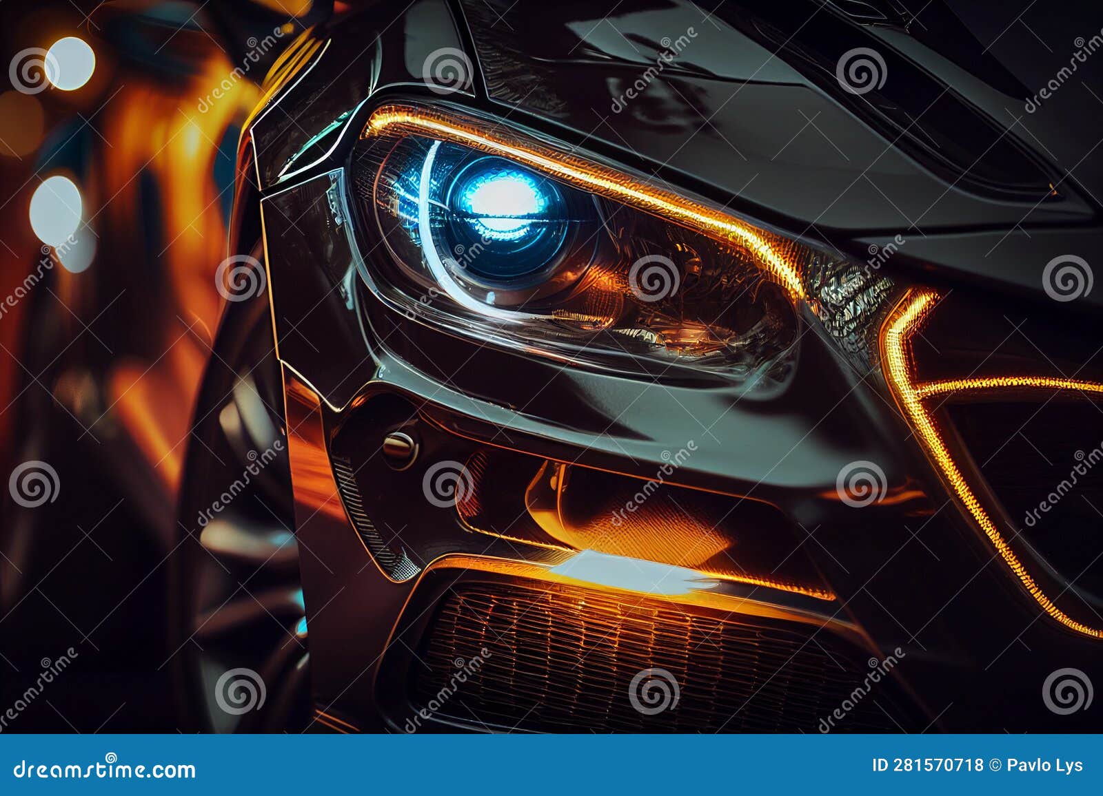 Car Headlights at Night Closeup. AI Generated Stock Illustration