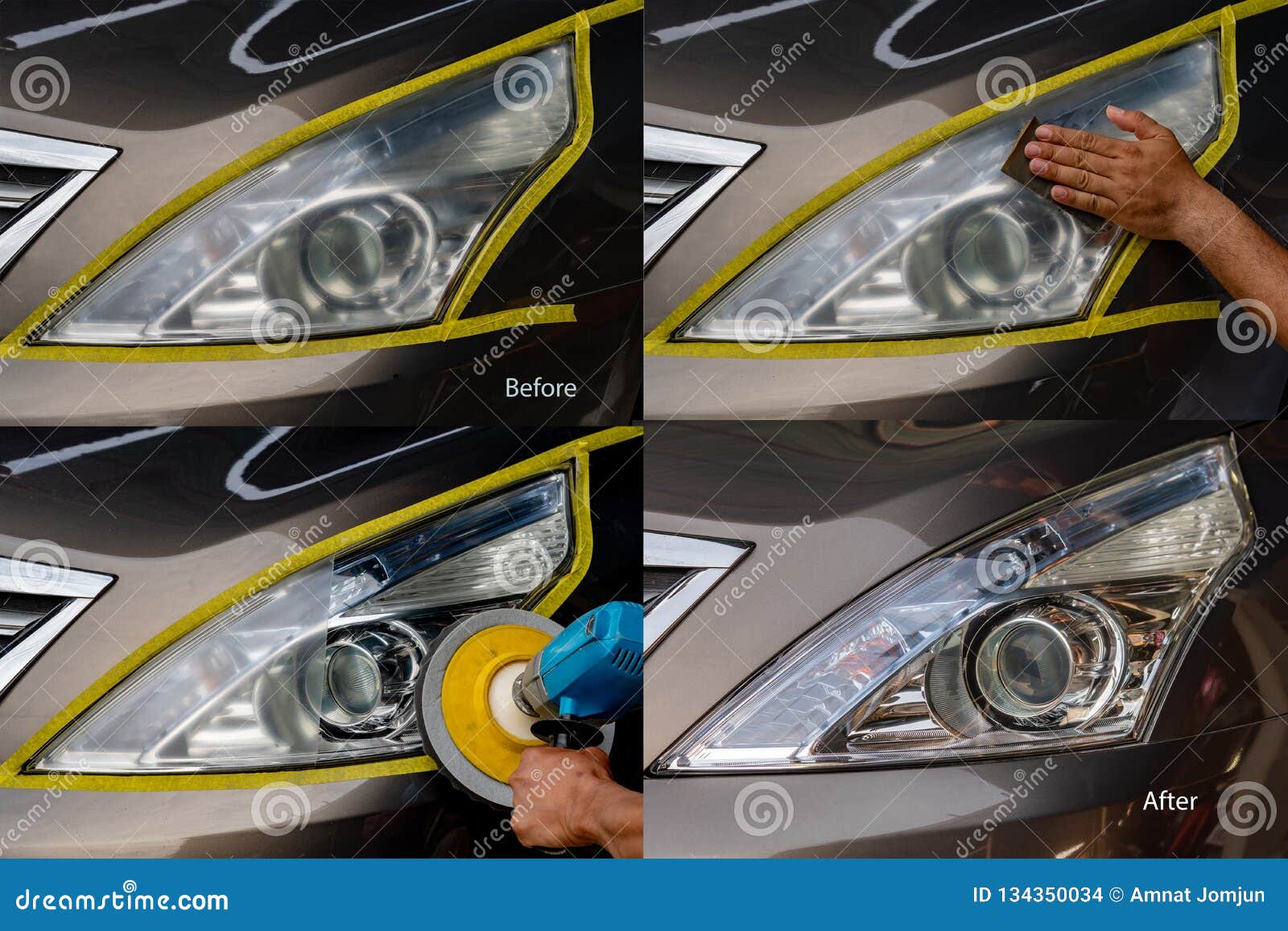 car headlights with power buffer machine at service station - a series of car care images