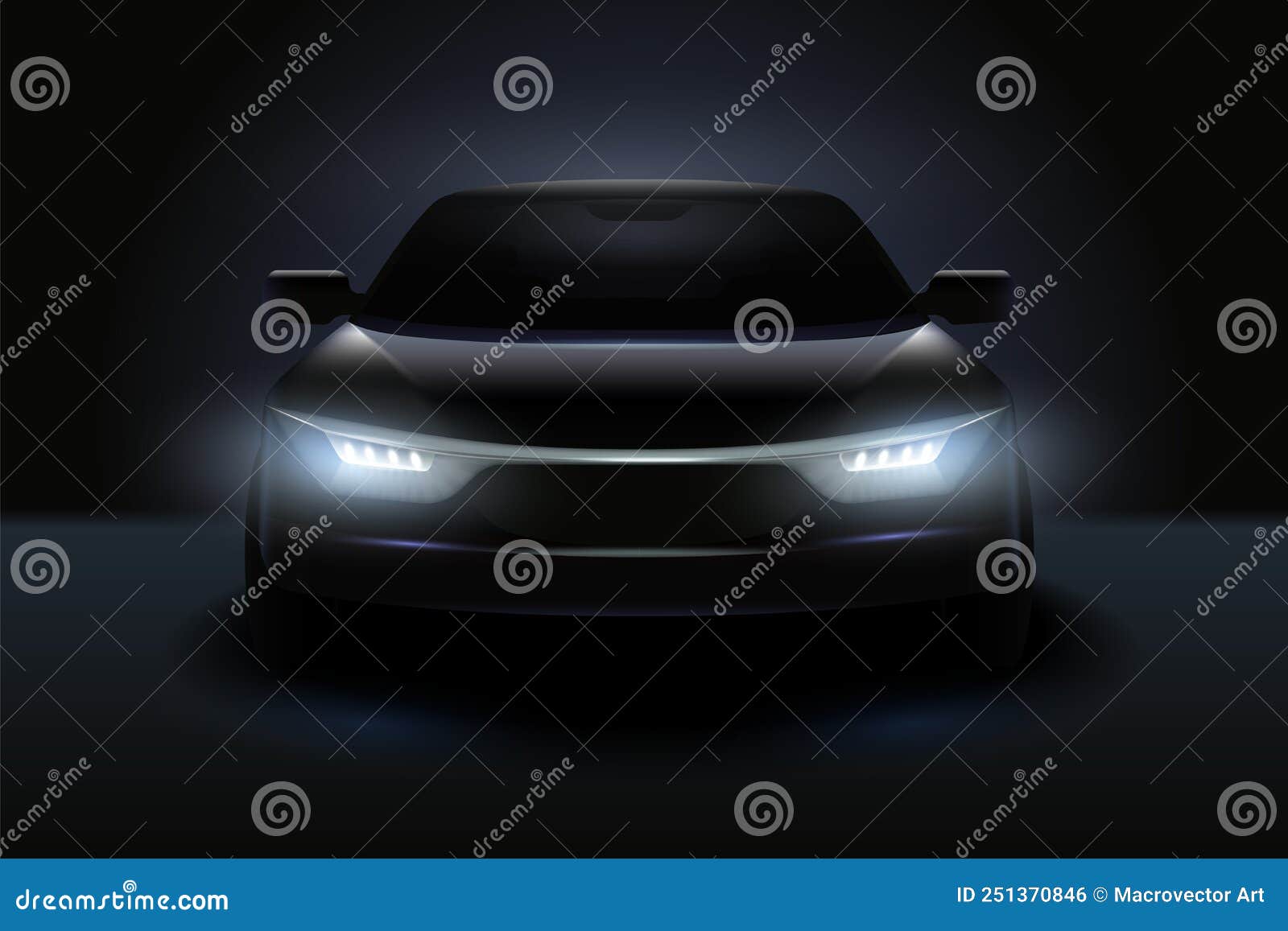 Car Headlights. Realistic Car With Bright Headlights In Dark, Rays