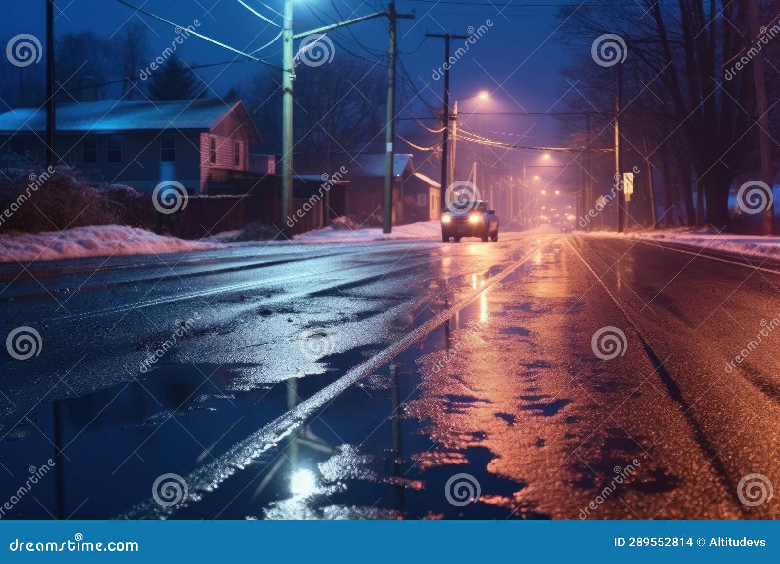 Car Headlights Reflecting Off Icy Road at Night Stock Photo Image of