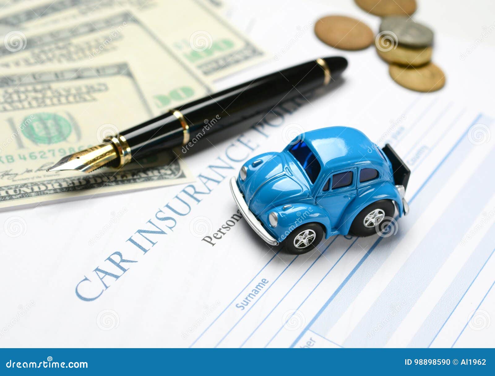 Car Insurance Policy With Pen And Money Around Stock Photo Image of agent, finance 98898590