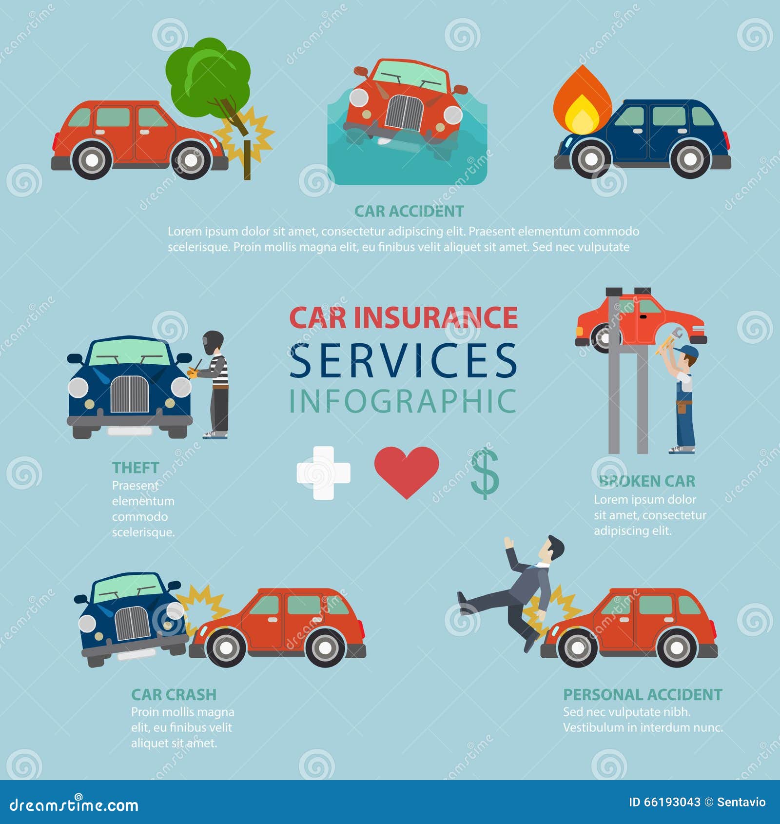 Car Insurance Service Flat Vector Infographic: Accident Crash Stock