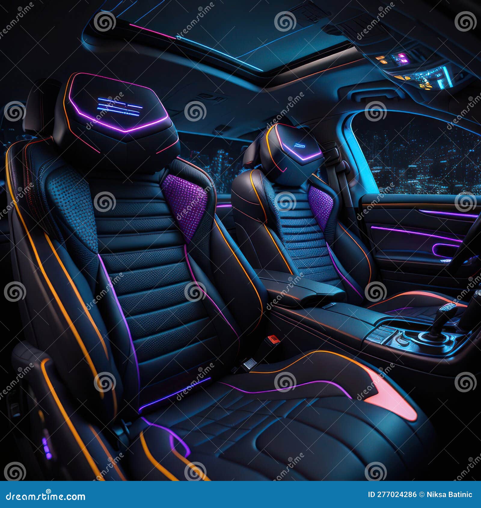 Car Interior Illustration at Night, with Led Lights for the Best Possible Visual Atmosphere. Ai