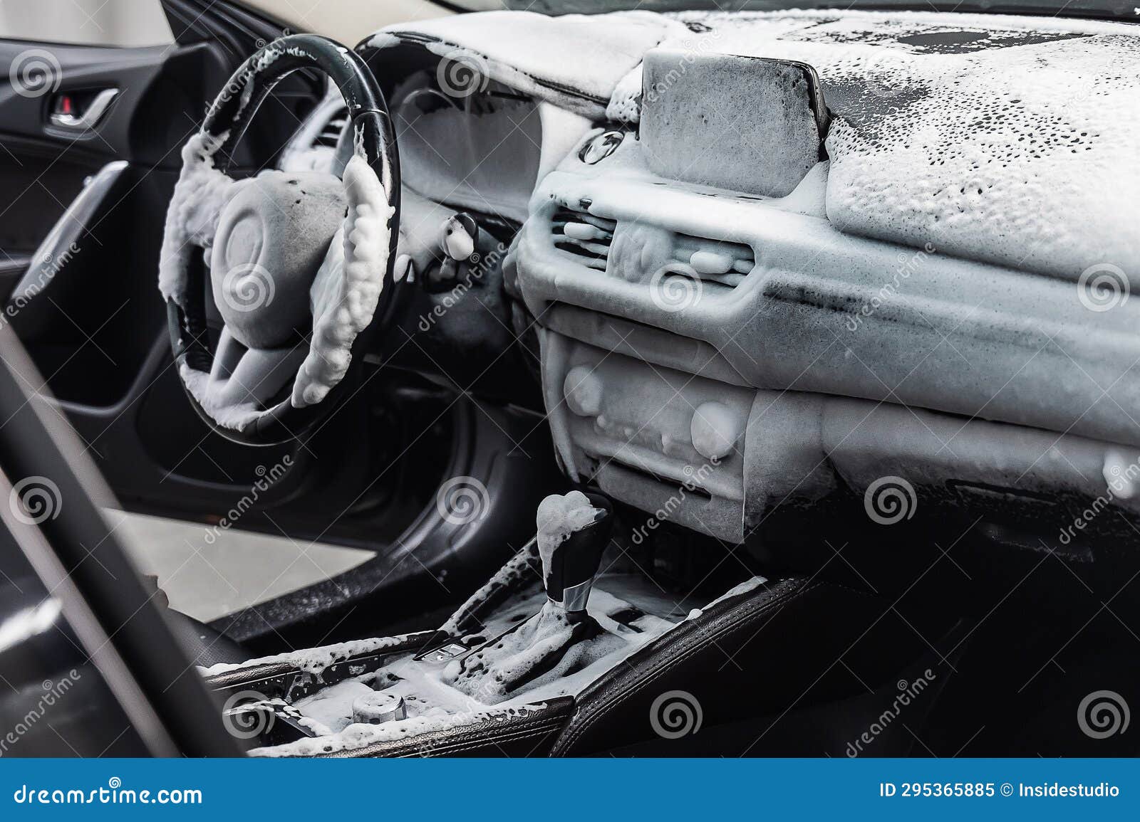 Car Interior in a Layer of Cleaning Foam. Stock Image Image of