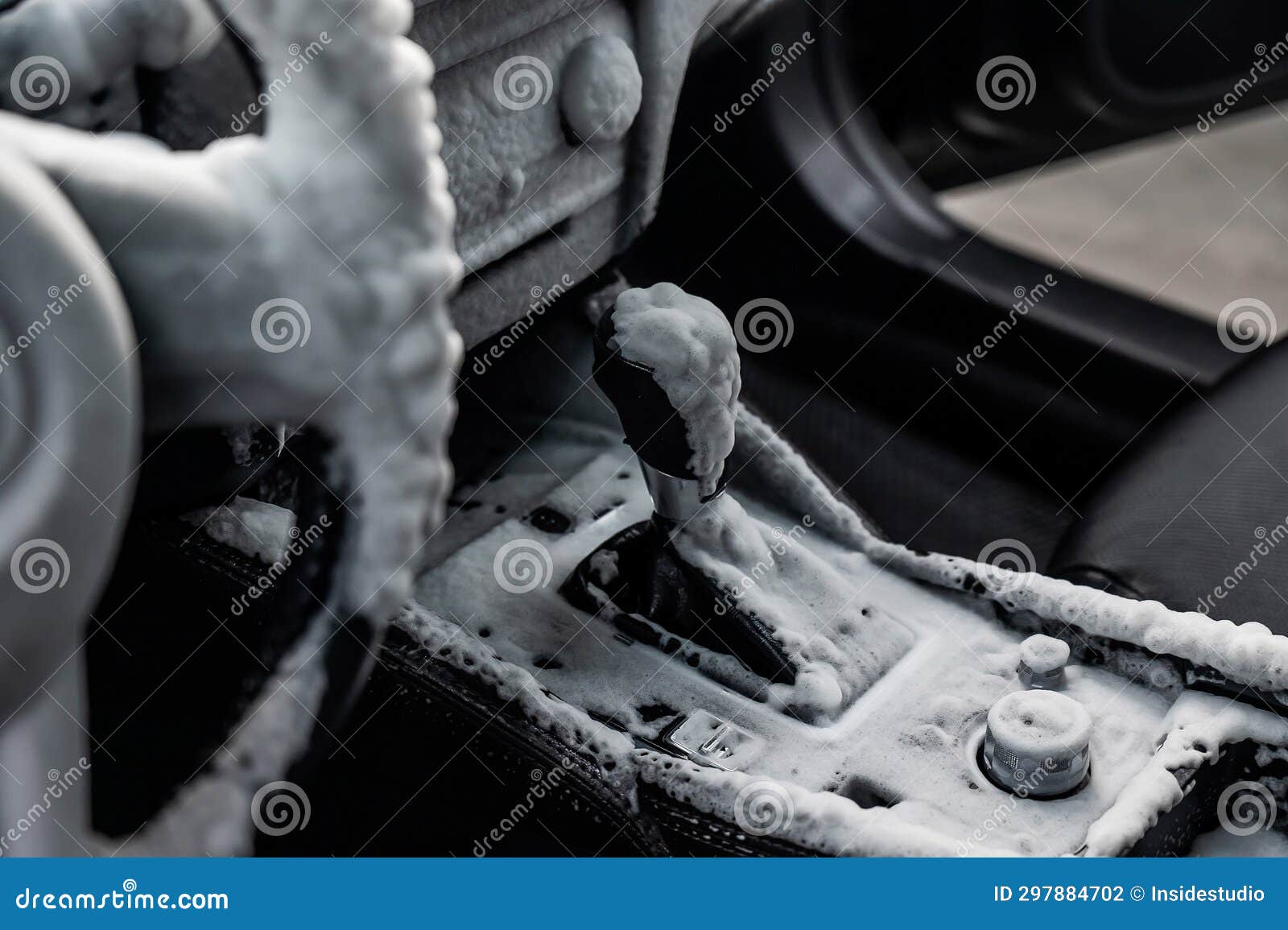 Car Interior in a Layer of Cleaning Foam. Stock Photo Image of wheel