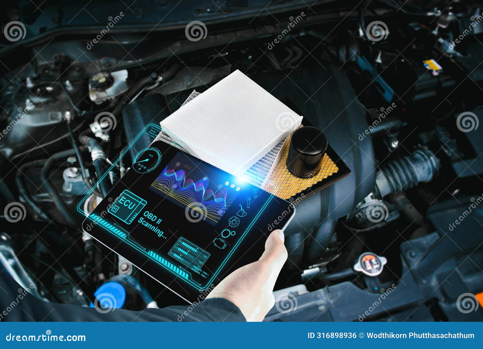 car mechanic checking ecu electronic control unit with obd or obd2 wireless scanner tool