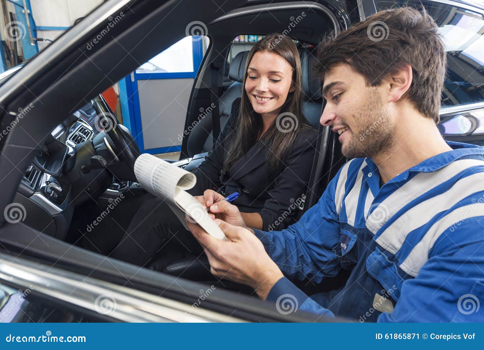 Car mechanic with customer stock image. Image of bill 61865871