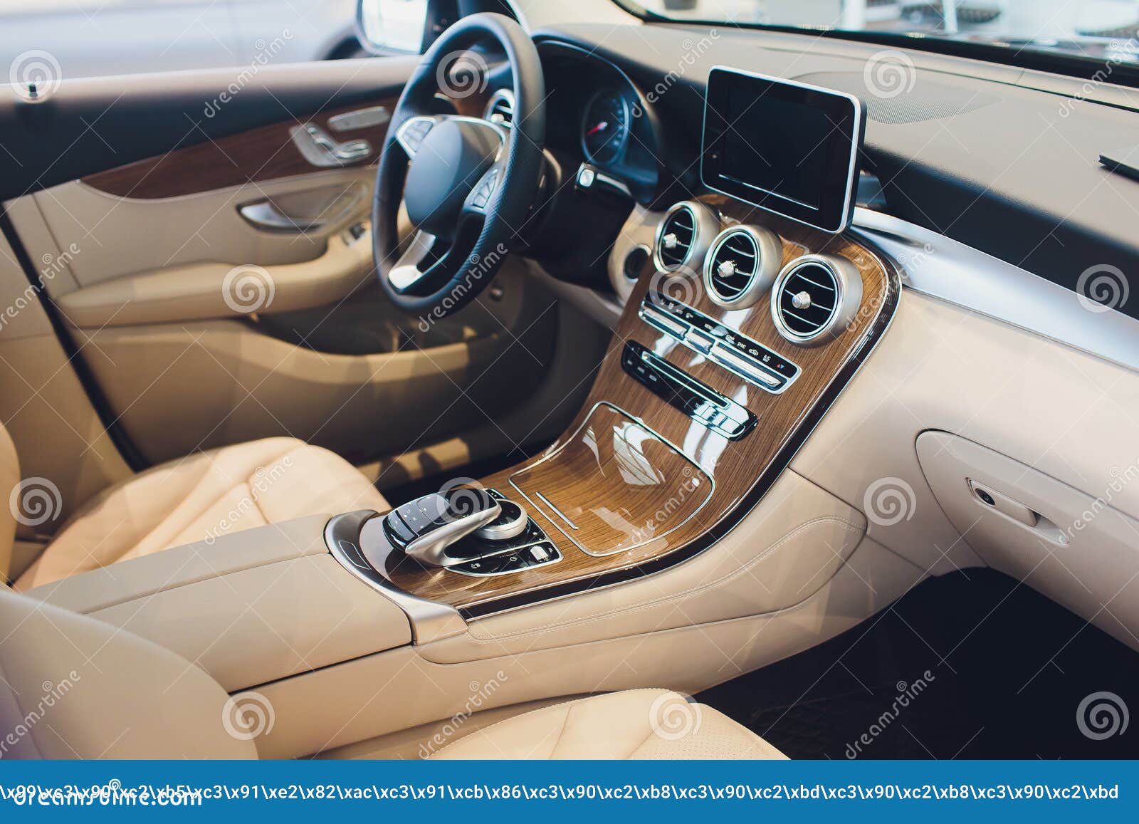 Car Modern Interior with White Leather Seats Vehicle. Stock Photo