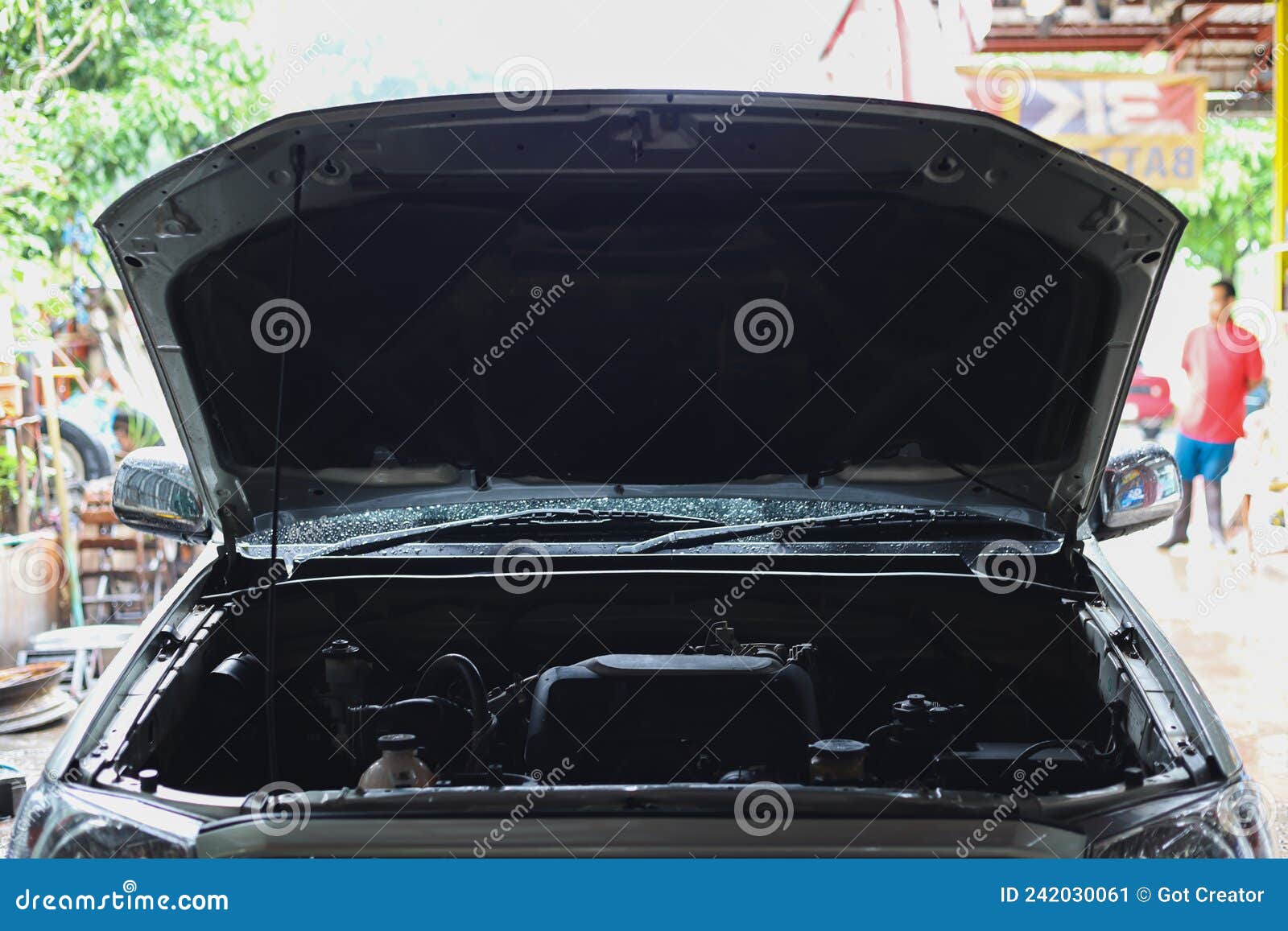 Old Car Engine Hood Blue Green Used Paint Worn By Time And Sun