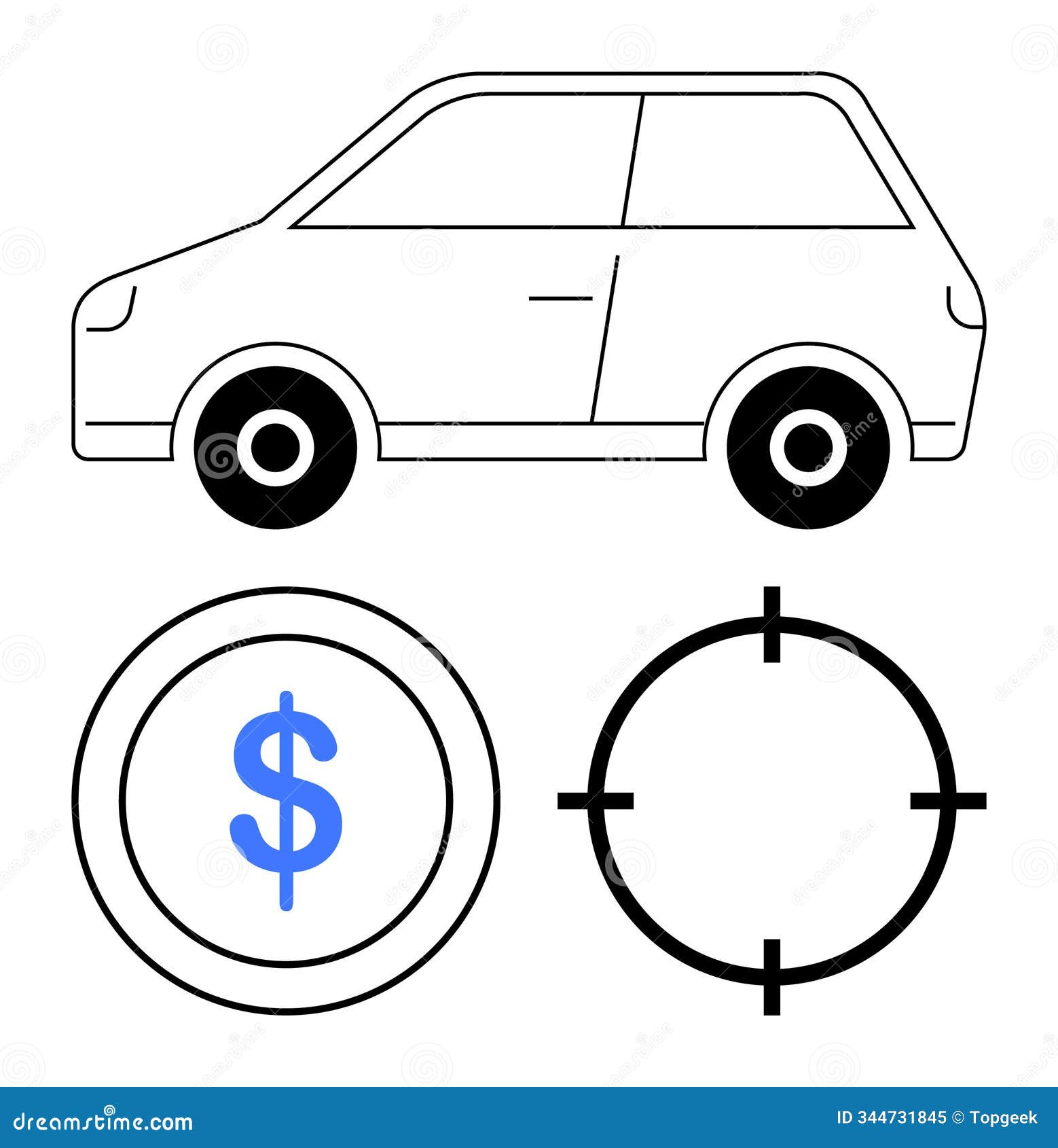 car outline with dollar coin and target s, representing vehicle cost and precision goals