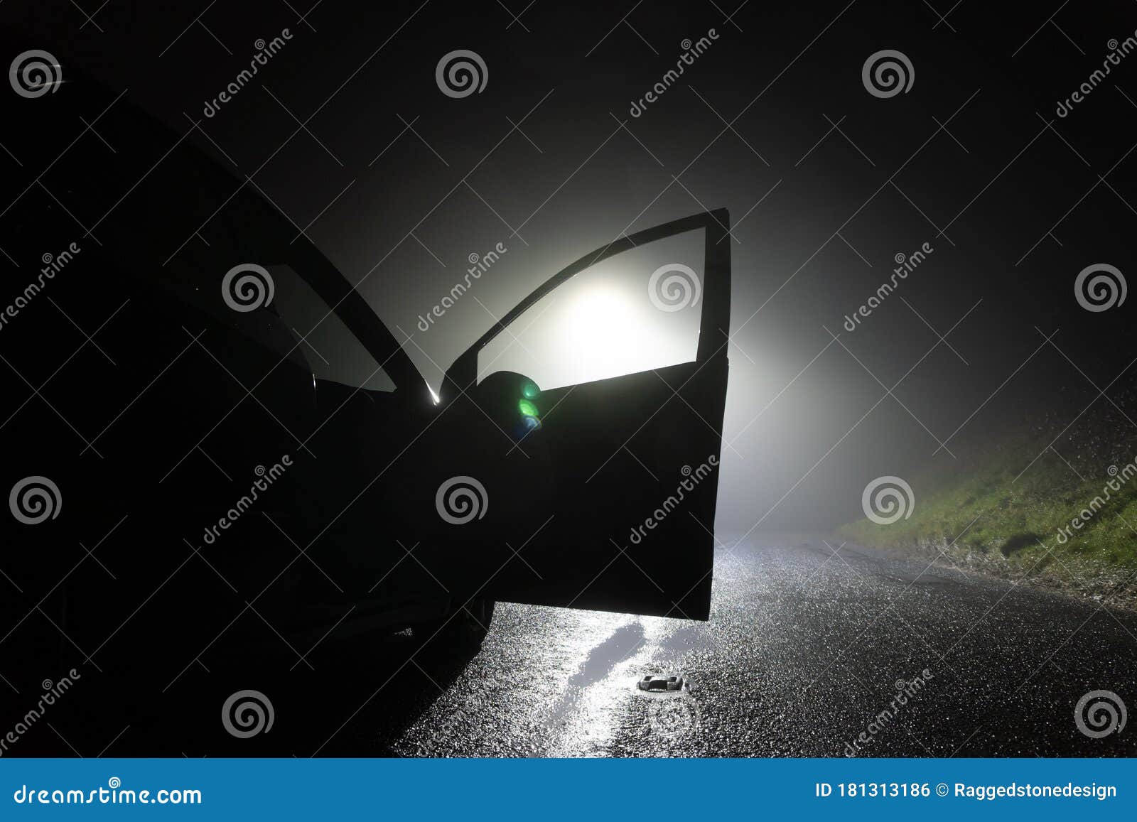a car parked, with door open, on the side of the road, underneath a street light. on a foggy winters night