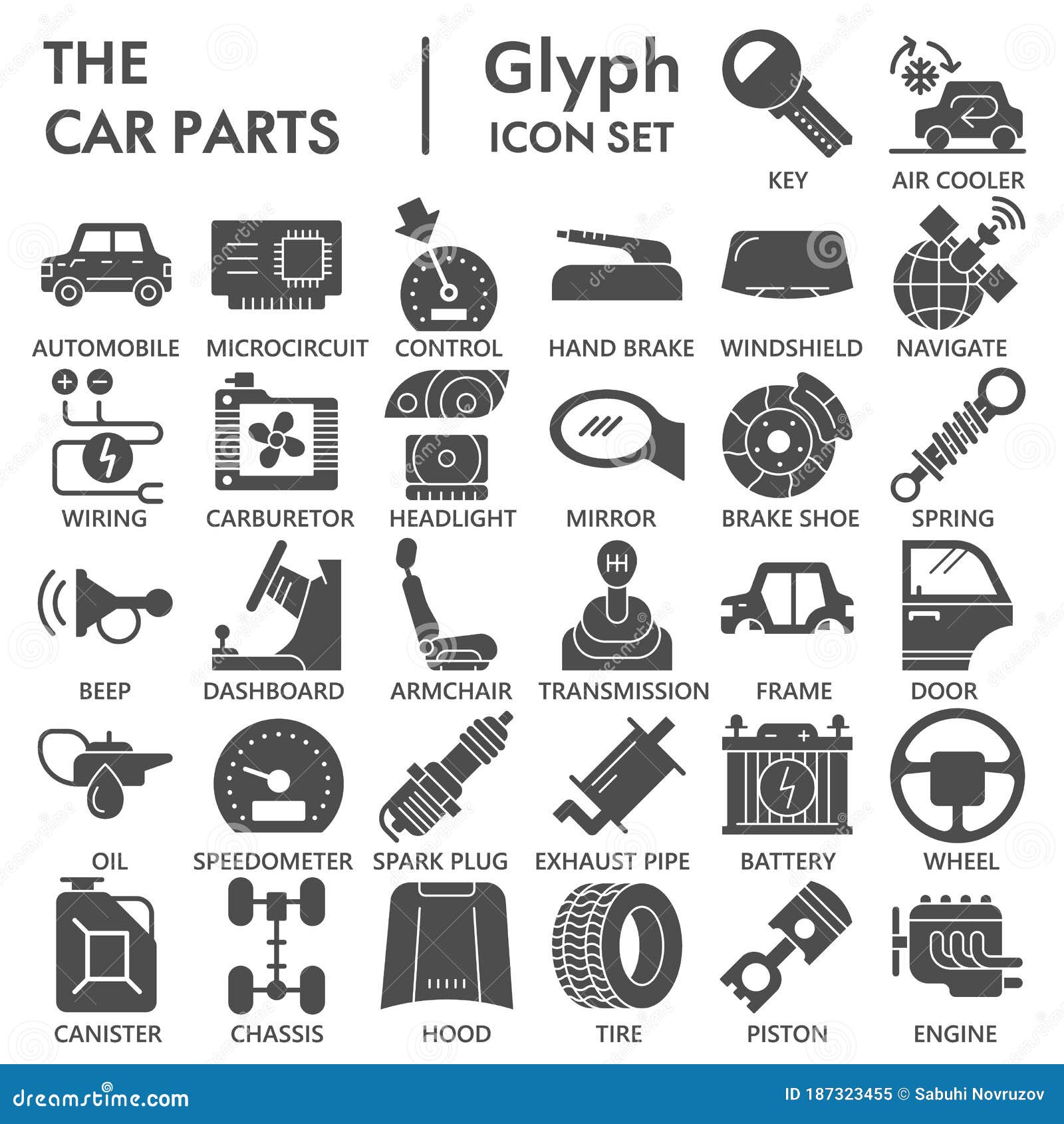 Car Parts Solid Icon Set, Vehicle Repairing Symbols Collection or Sketches.  Car Inside and Outside Glyph Style Signs for Stock Vector - Illustration of  replacement, automotive: 187323455