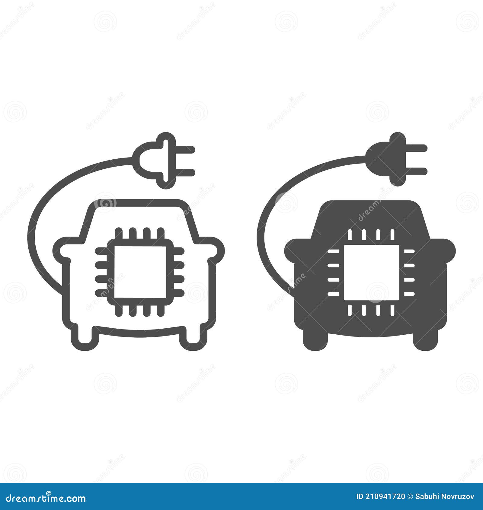 car with plug and processor chip line and solid icon, electric car concept, car circuit board sign on white background