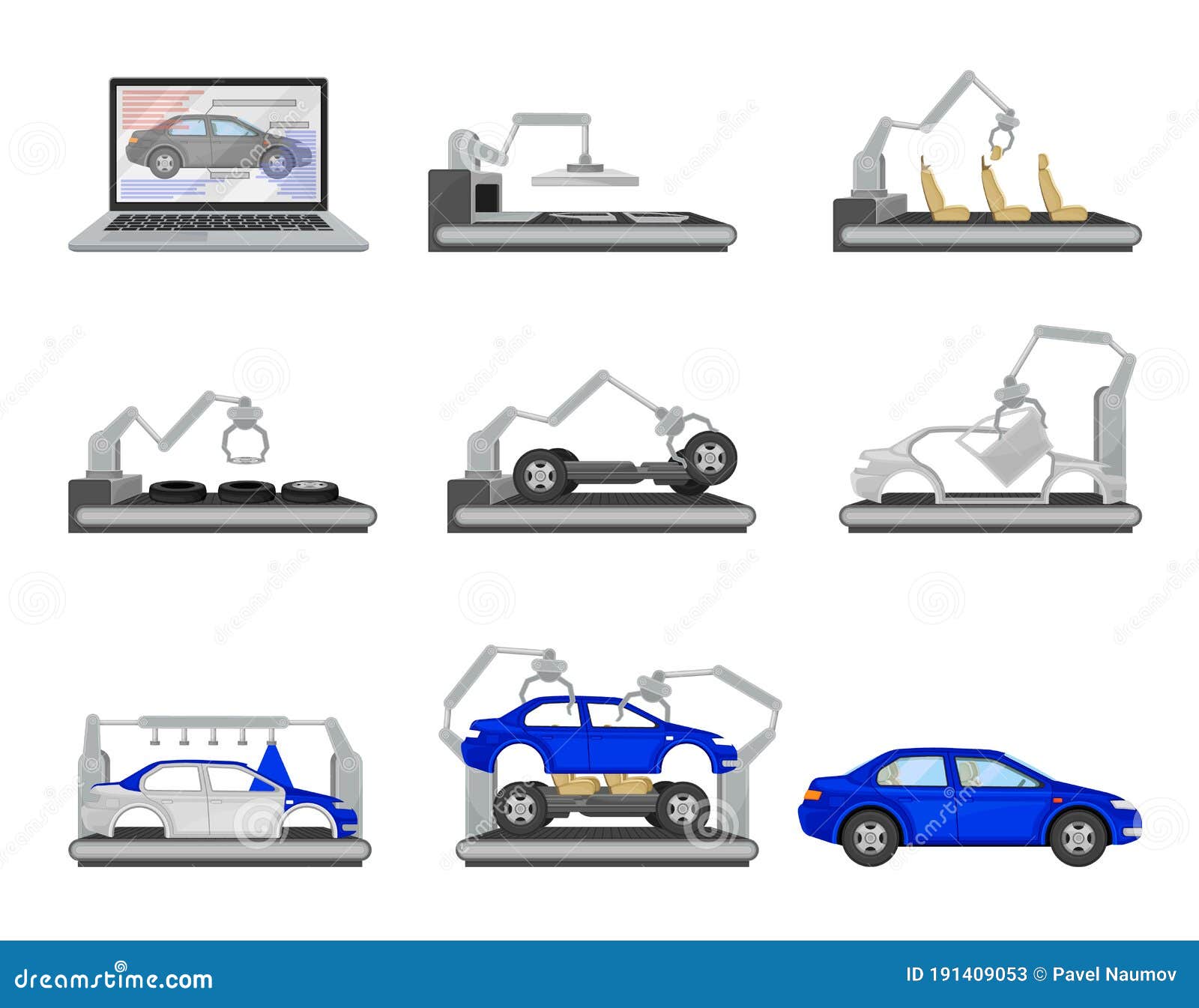 car production assembly line process with industrial robots and equipment  set