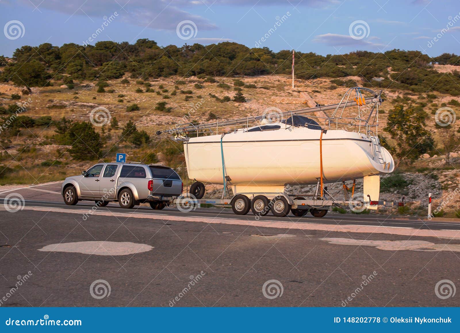 Car pulls yacht on trailer stock photo. Image of holiday 148202778