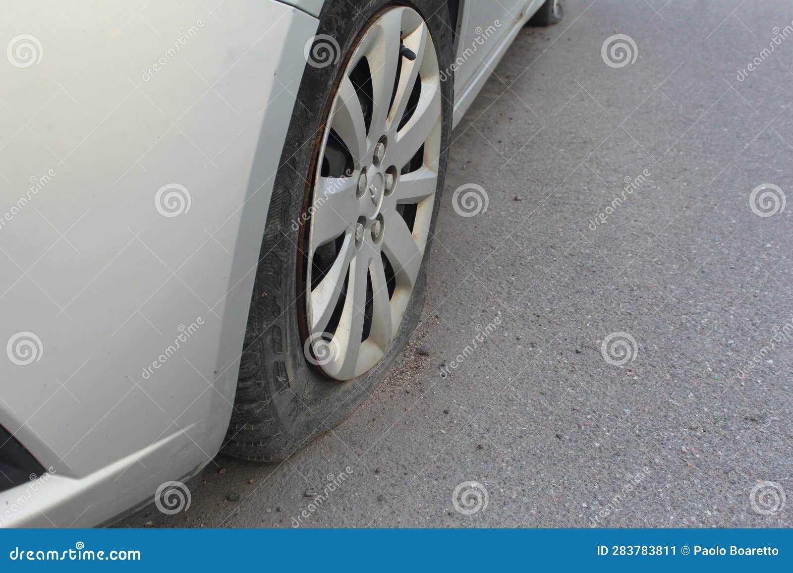Car with Punctured Flat Tire Parked on Roadside Stock Image Image of