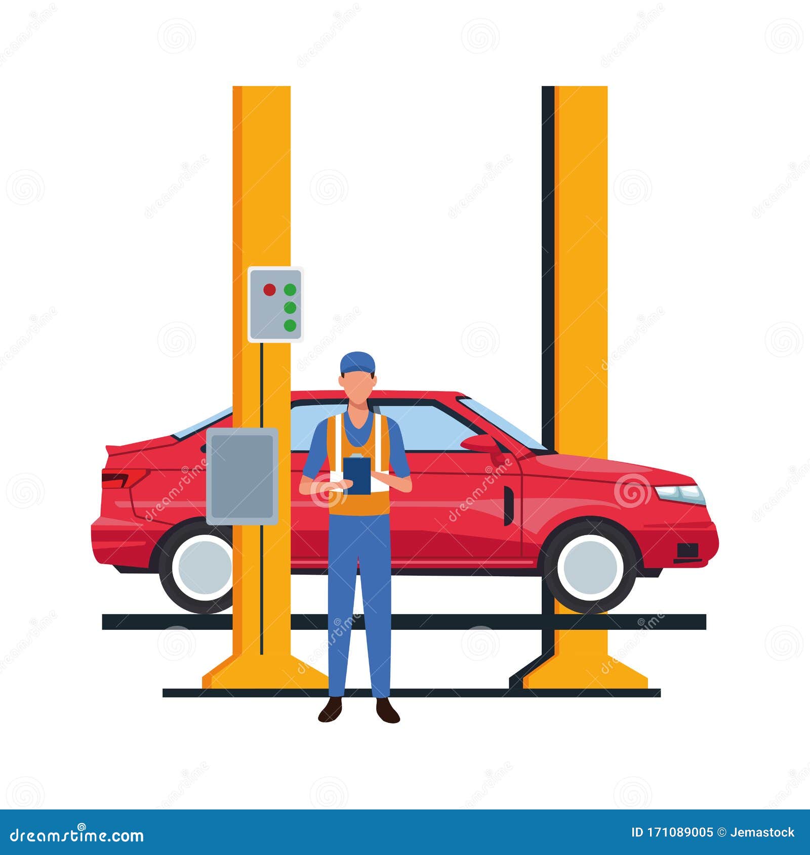 car repair  of mechanic with car on car lift icon, colorful 