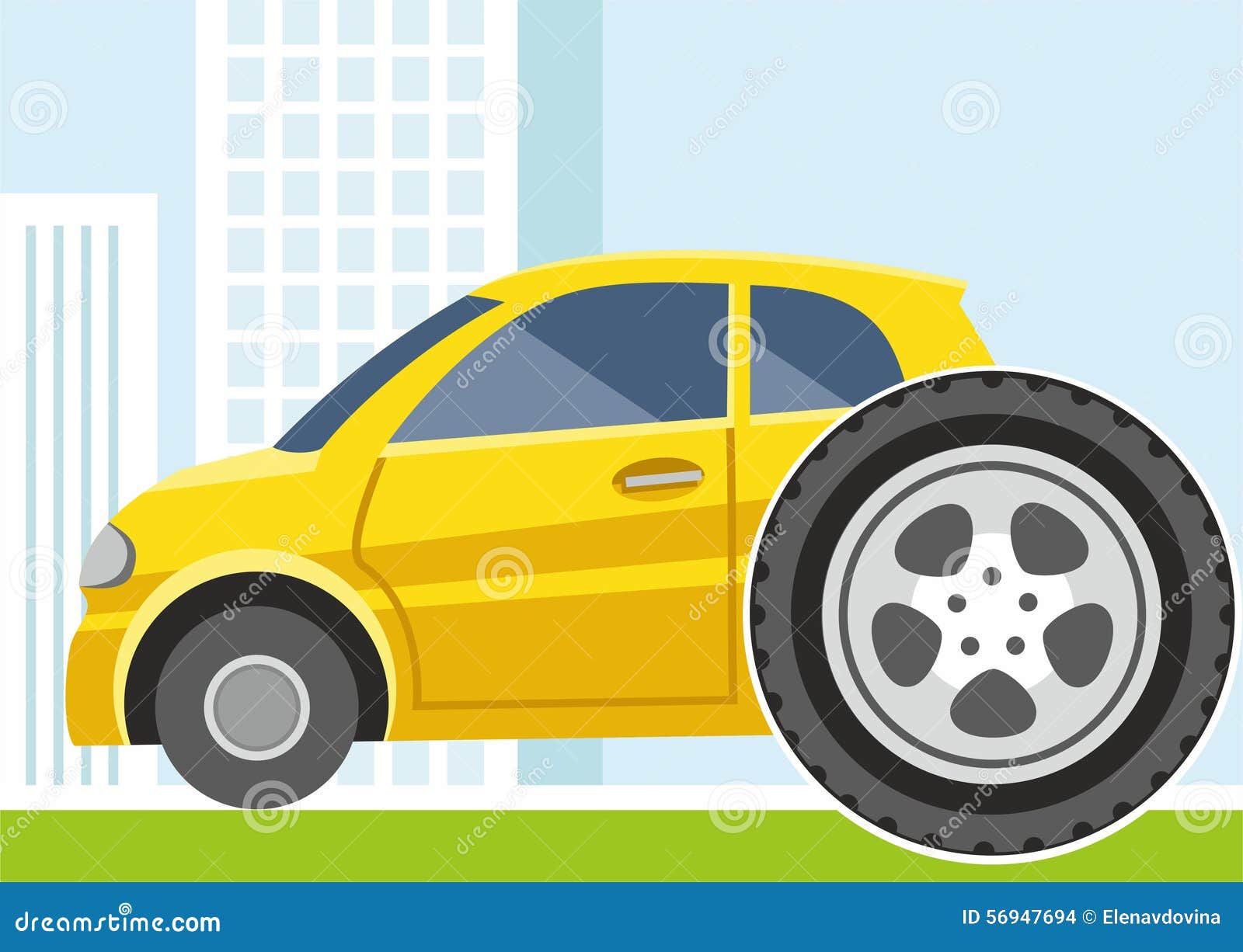 Car, replacement of wheels, tyres, colored illustration. On the street, a small yellow car to change the wheel. Colored, flat illustration.