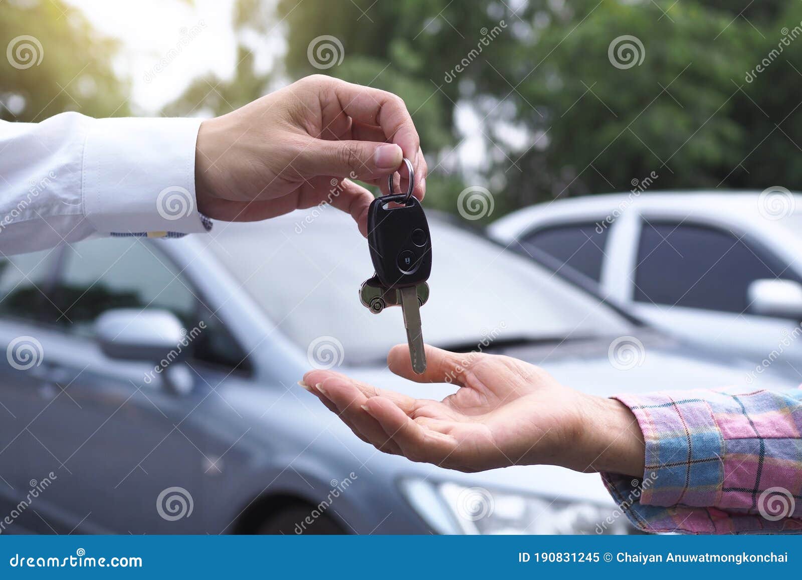 The Car Salesman and the Key To the New Owner Stock Image Image of