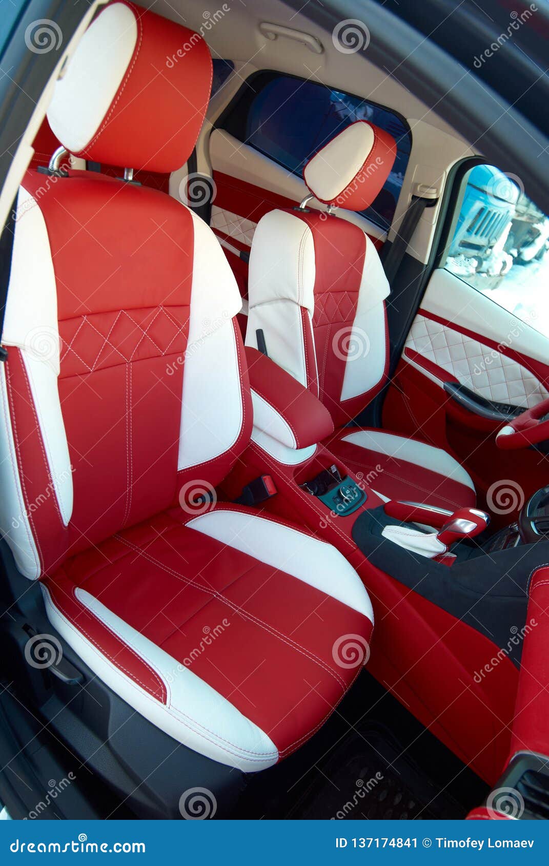 Car Seats. Car Interior Details. White Red Leather with Stitching Stock