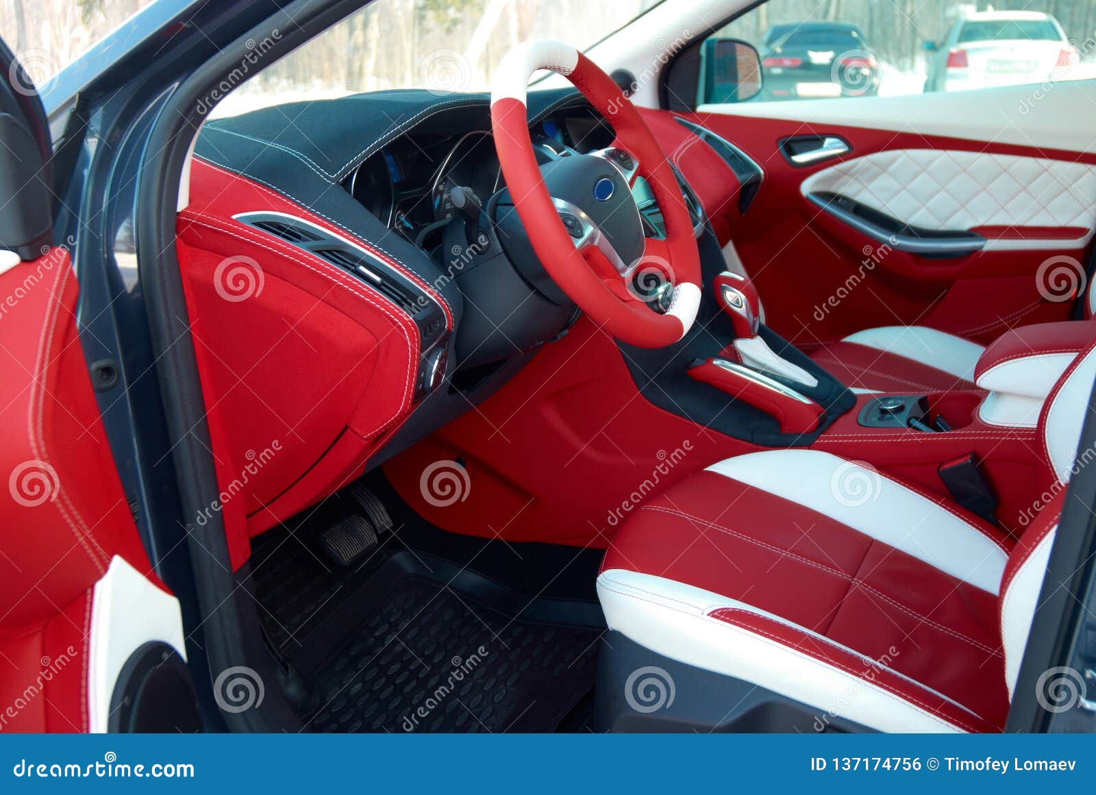 Car Seats Steering Wheel Car Interior Details White Red
