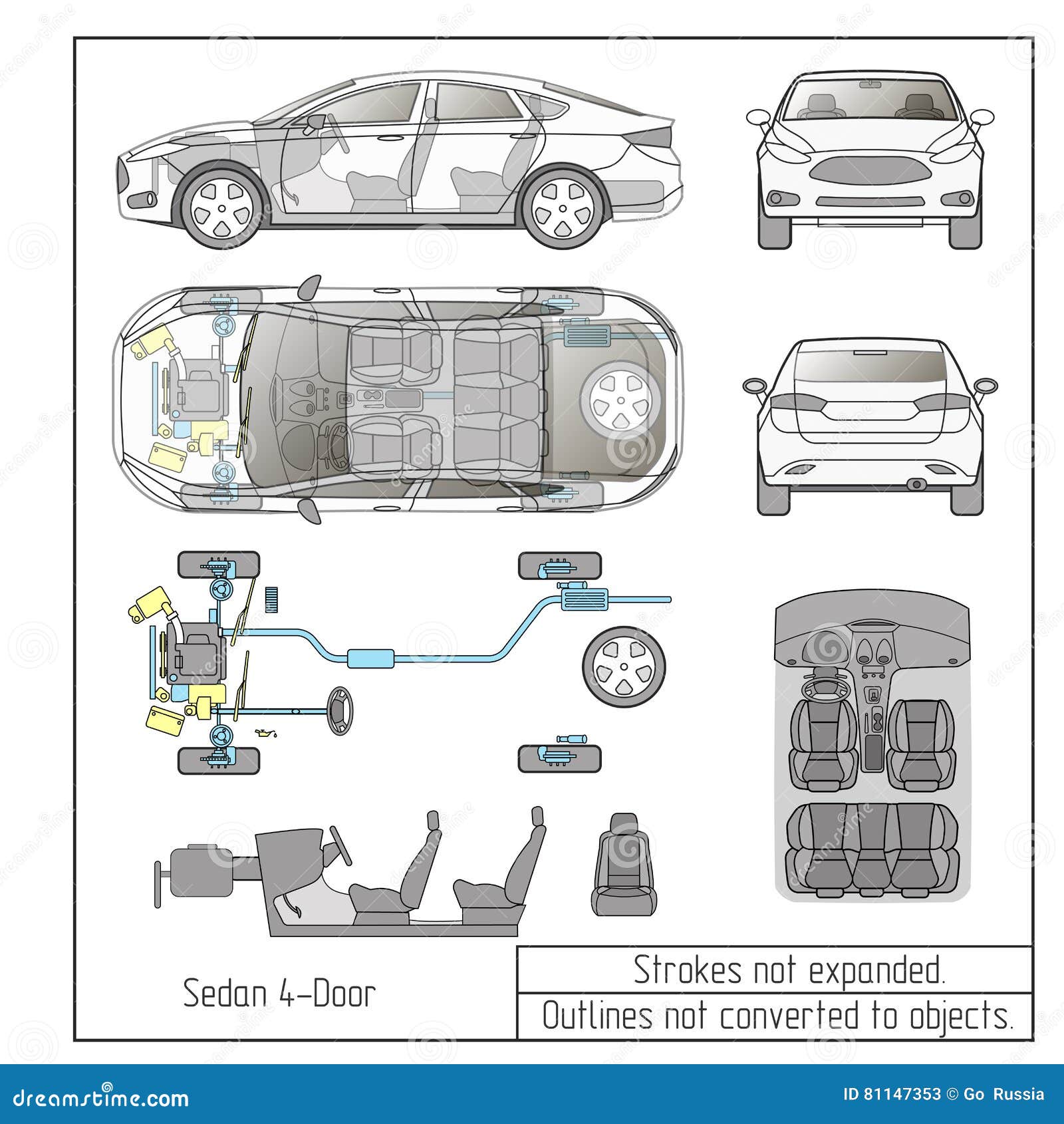 car sedan interior parts engine seats dashboard drawing outlines not converted to objects