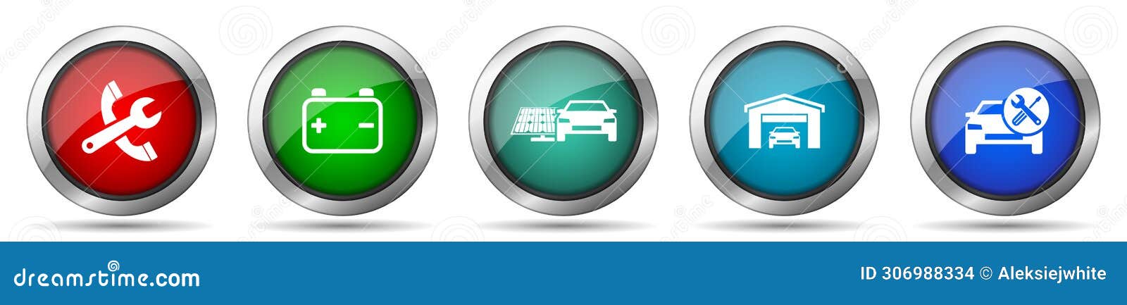 car serivce icon set, miscellaneous icons such as tools, workshop, battery and renewable energy, silver metallic, colorful glossy